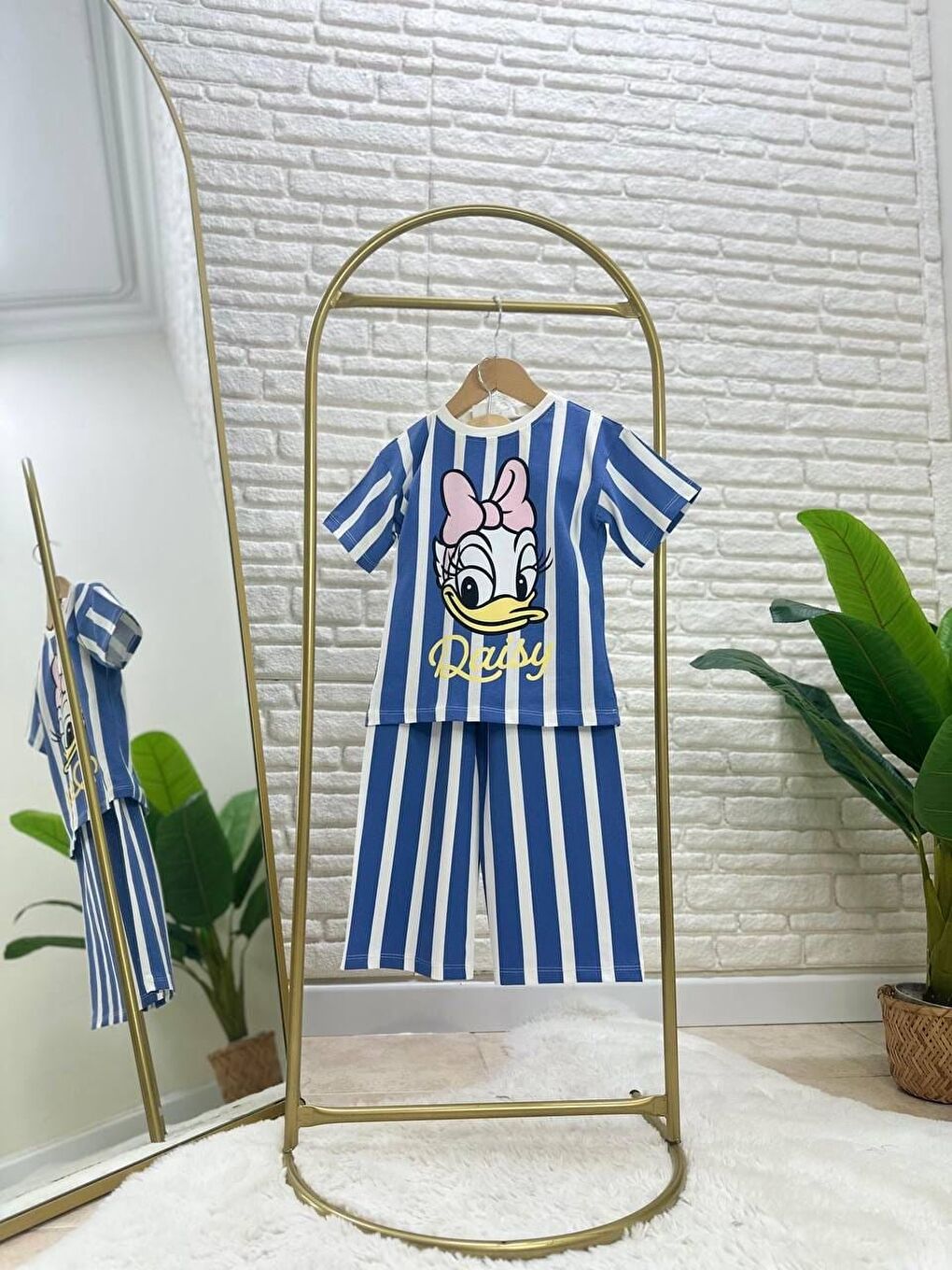 Kız Çocuk Pamuklu Mavi Çizgili T-Shirt Takım-1