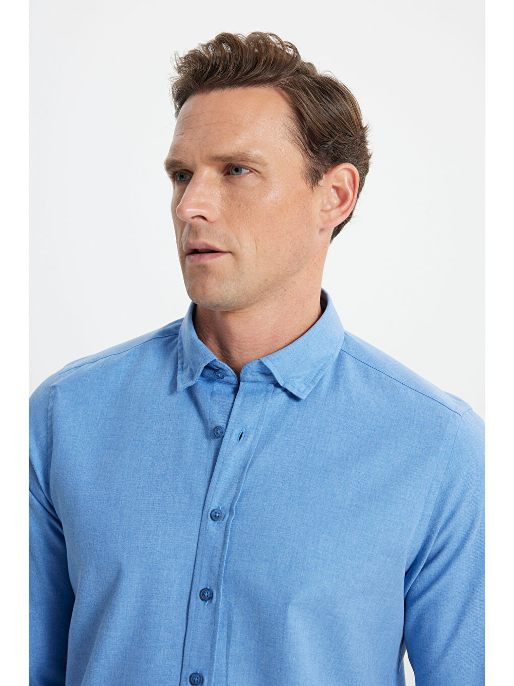 Erkek Mavi Slim Fit Dar Kesim Düğmeli Yaka Flanel Oduncu Kışlık Gömlek-4