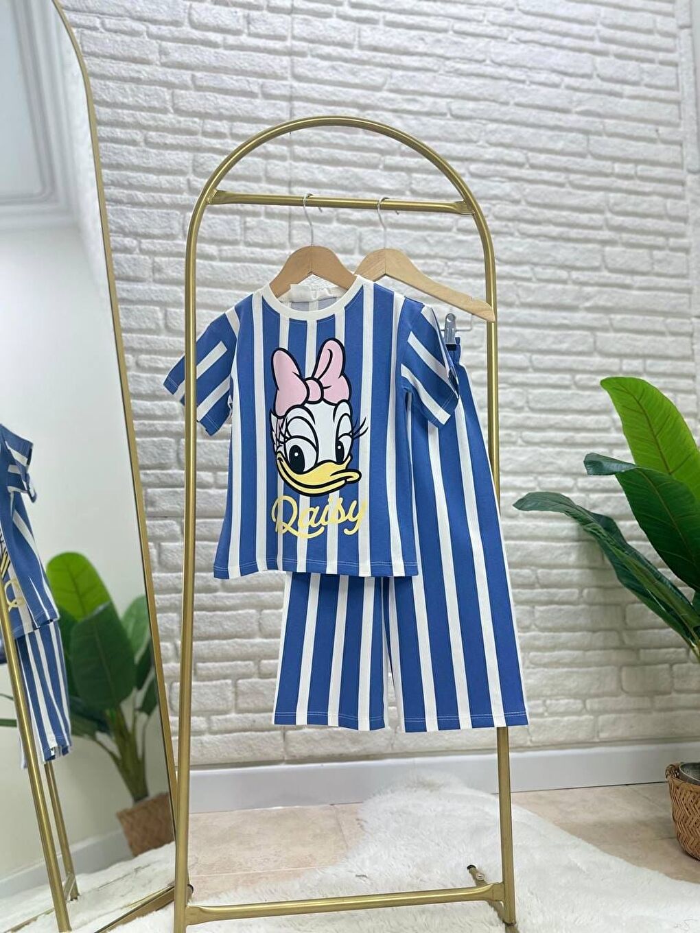 Kız Çocuk Pamuklu Mavi Çizgili T-Shirt Takım-2