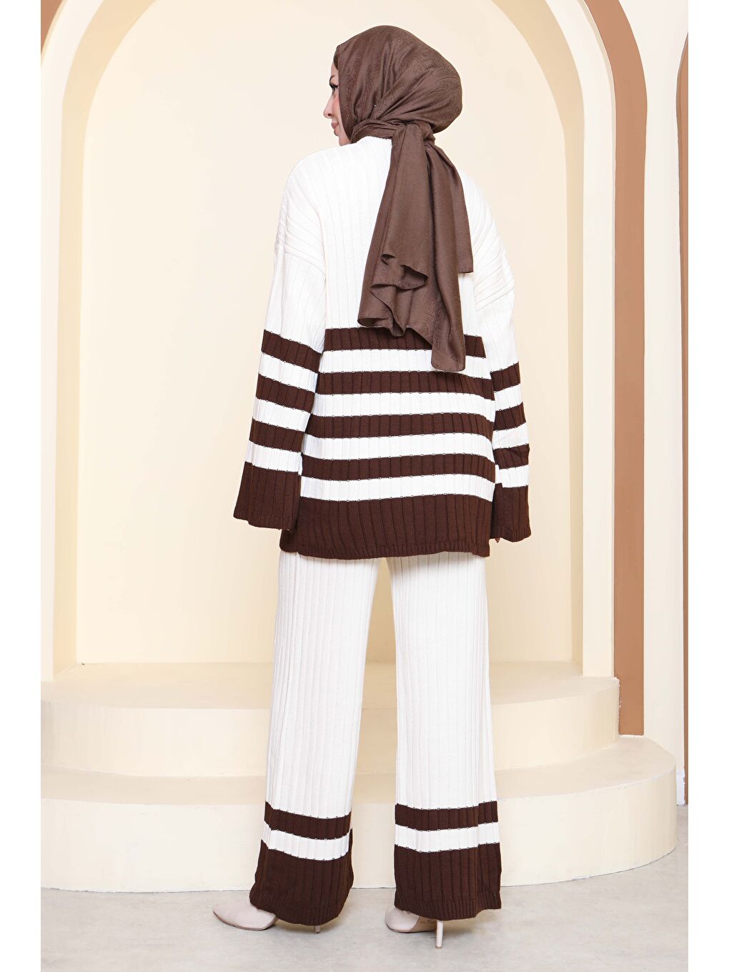 Ekru Çizgili İkili Triko Takım Krem - 27927-KREM-5