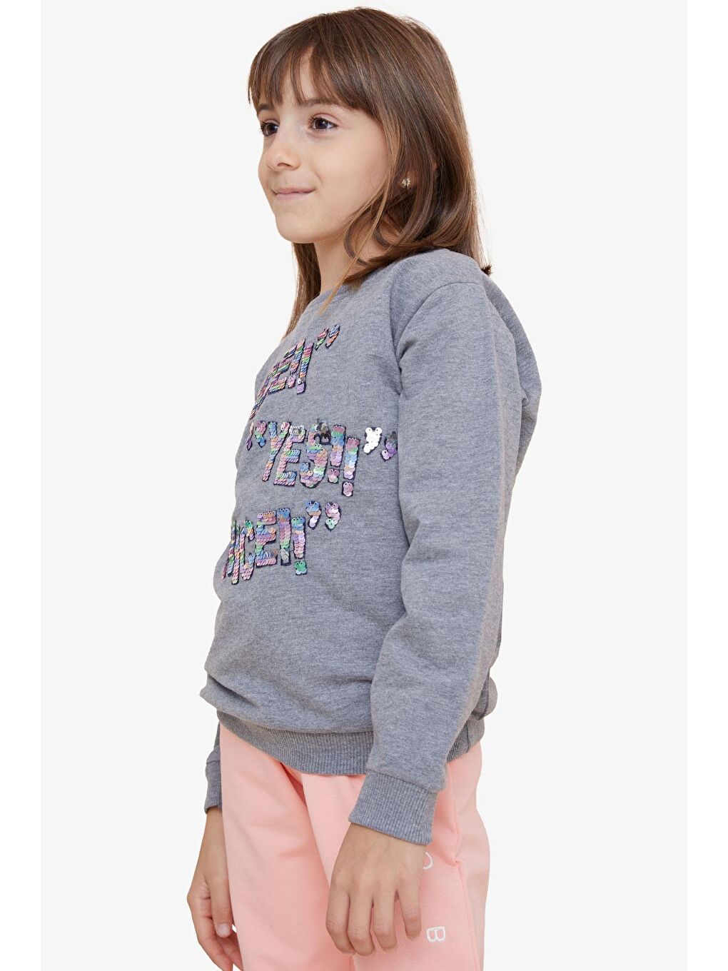 Kız Çocuk Sweatshirt Pullu Yazı Baskılı Koyu Gri Melanj (8 Yaş)-1