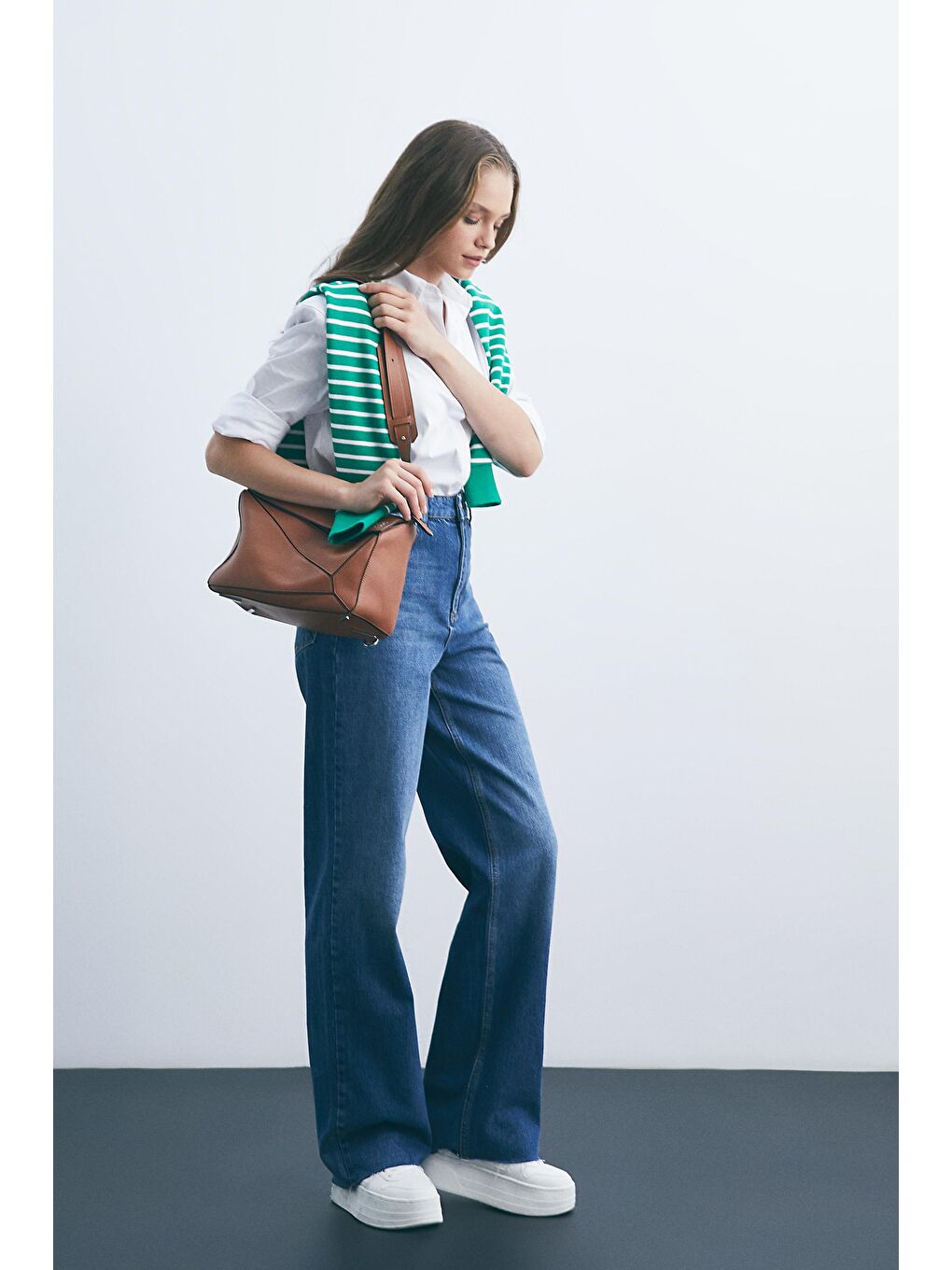 Koyu Mavi Yüksek Bel Wide Leg Denim Pantolon-1