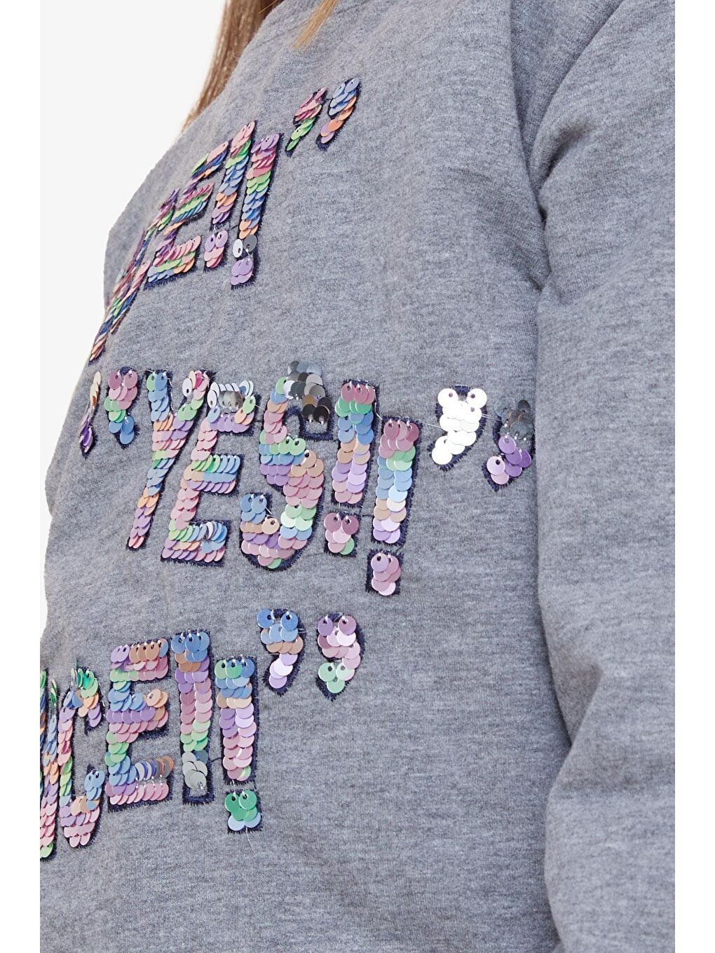 Kız Çocuk Sweatshirt Pullu Yazı Baskılı Koyu Gri Melanj (8 Yaş)-3