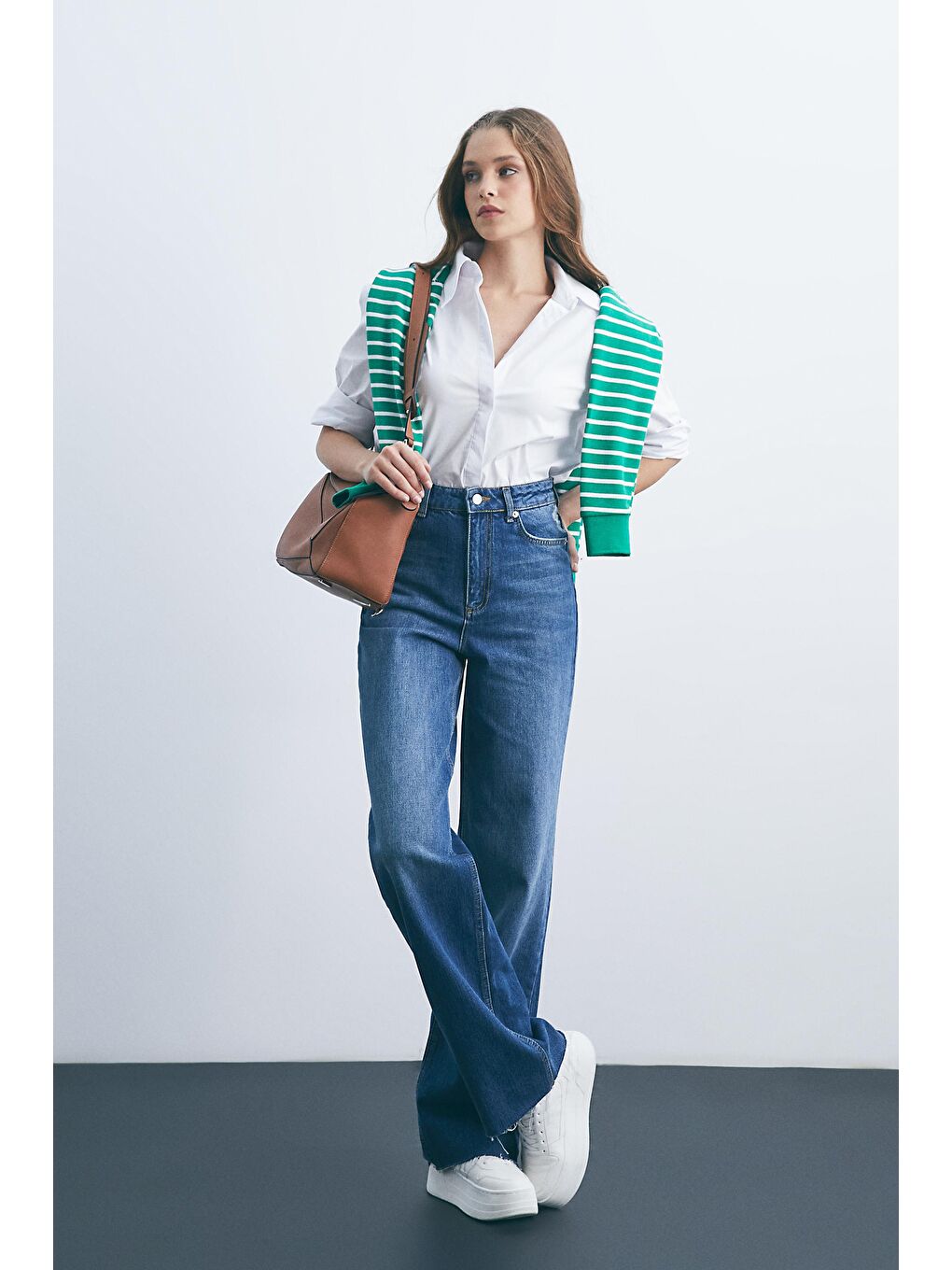Koyu Mavi Yüksek Bel Wide Leg Denim Pantolon-2