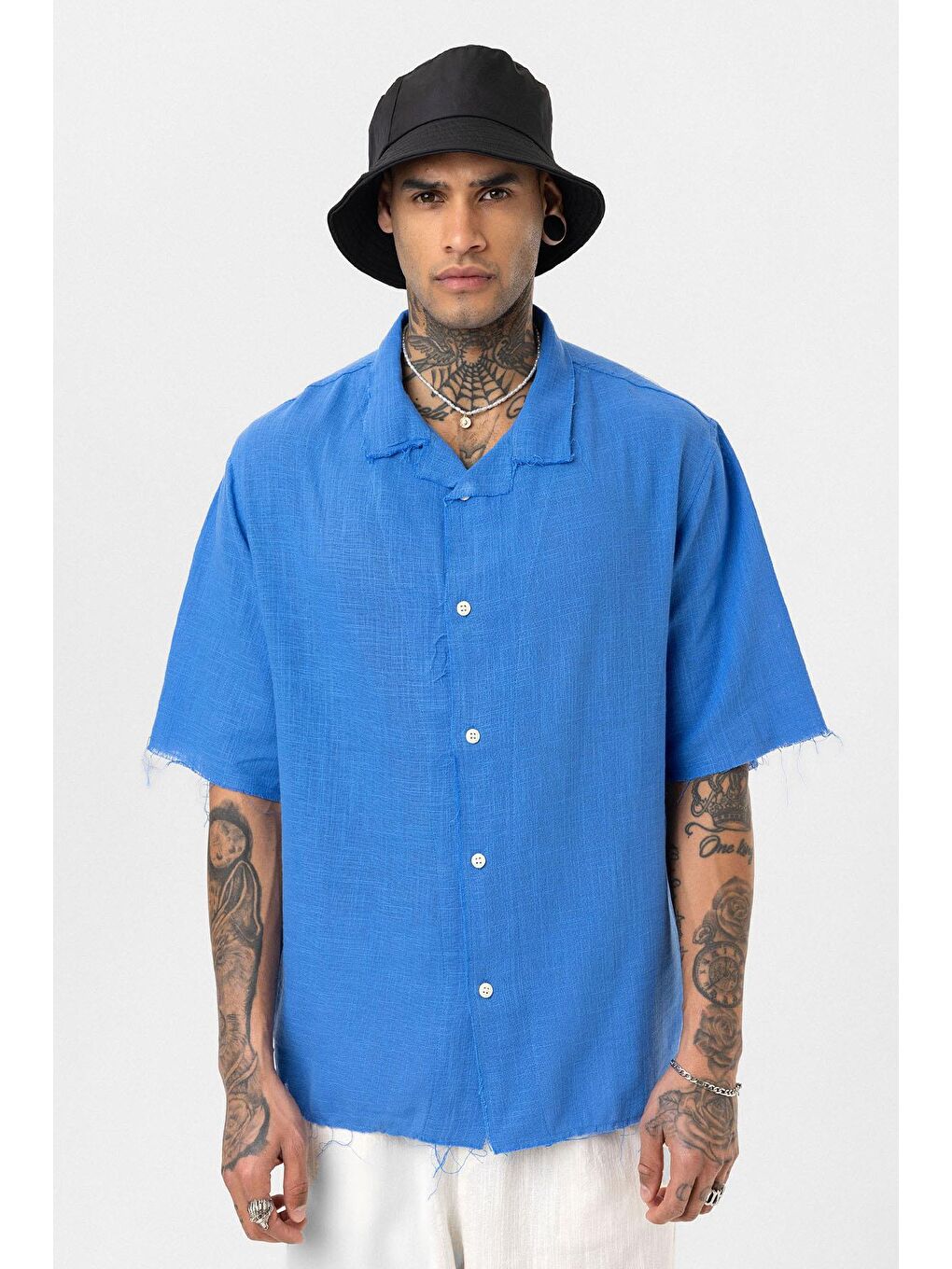 Mavi Dikişsiz Kısa Kol Cepsiz Oversize Keten Gömlek Saks-2