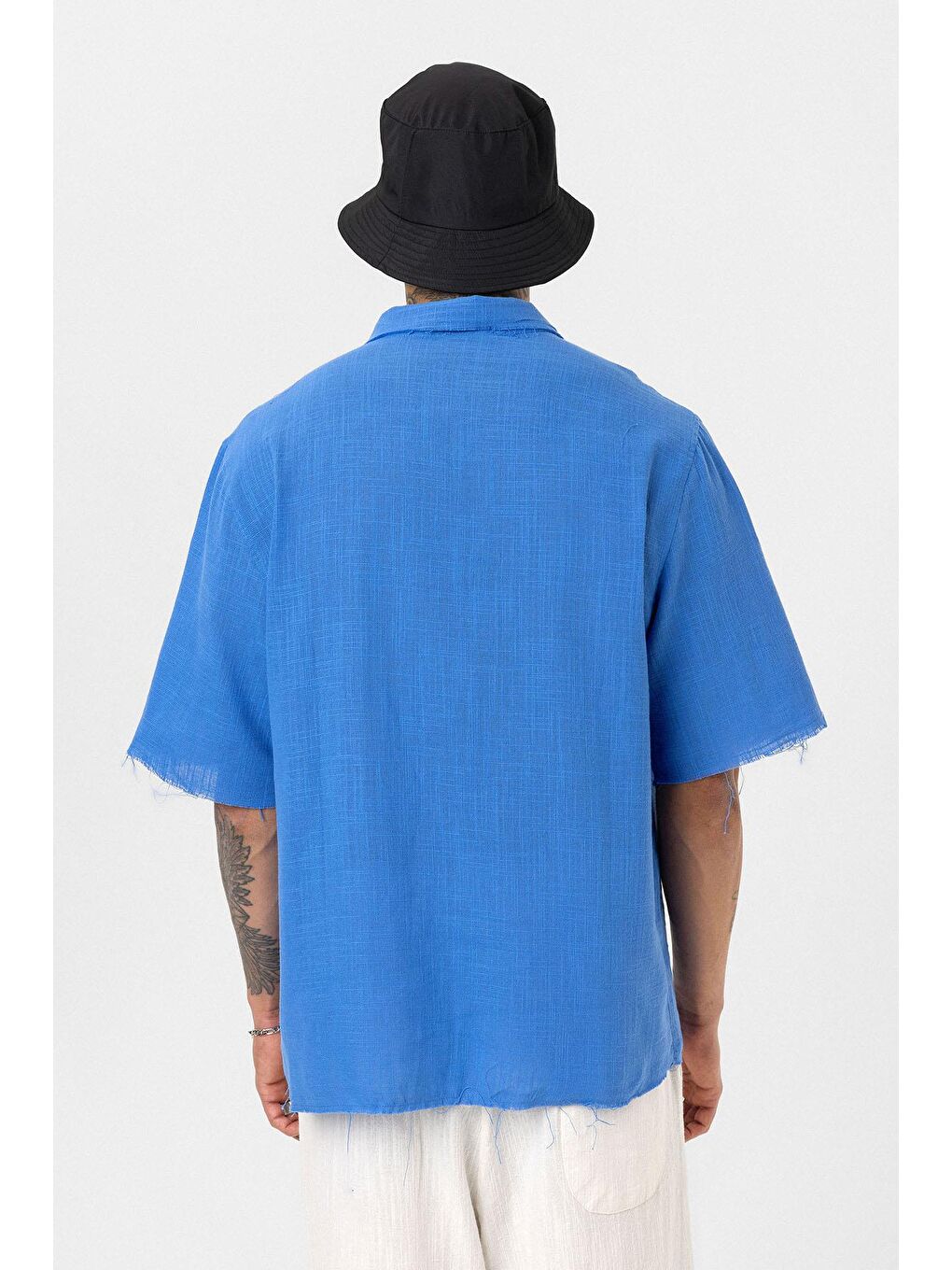 Mavi Dikişsiz Kısa Kol Cepsiz Oversize Keten Gömlek Saks-3