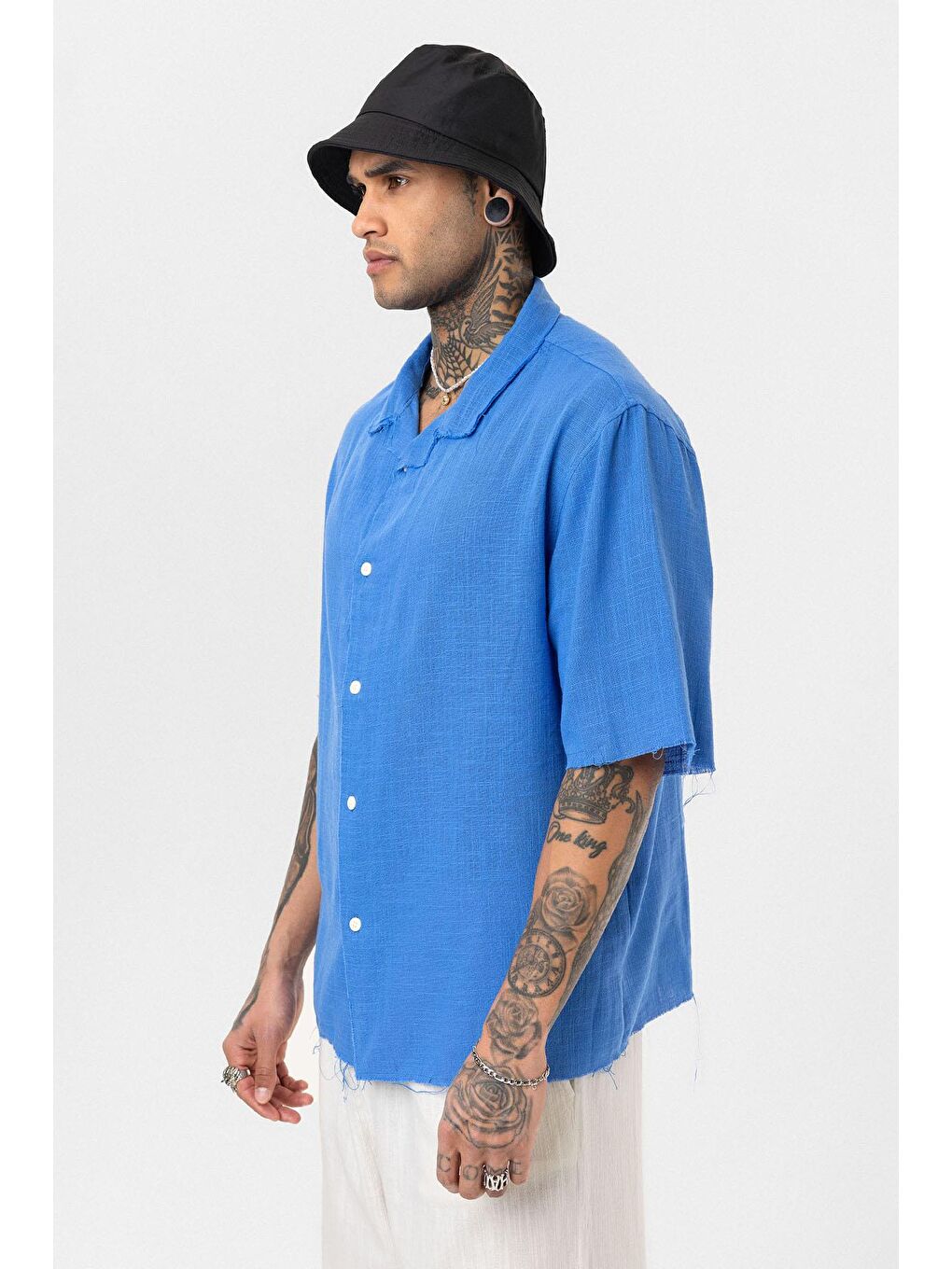 Mavi Dikişsiz Kısa Kol Cepsiz Oversize Keten Gömlek Saks-4