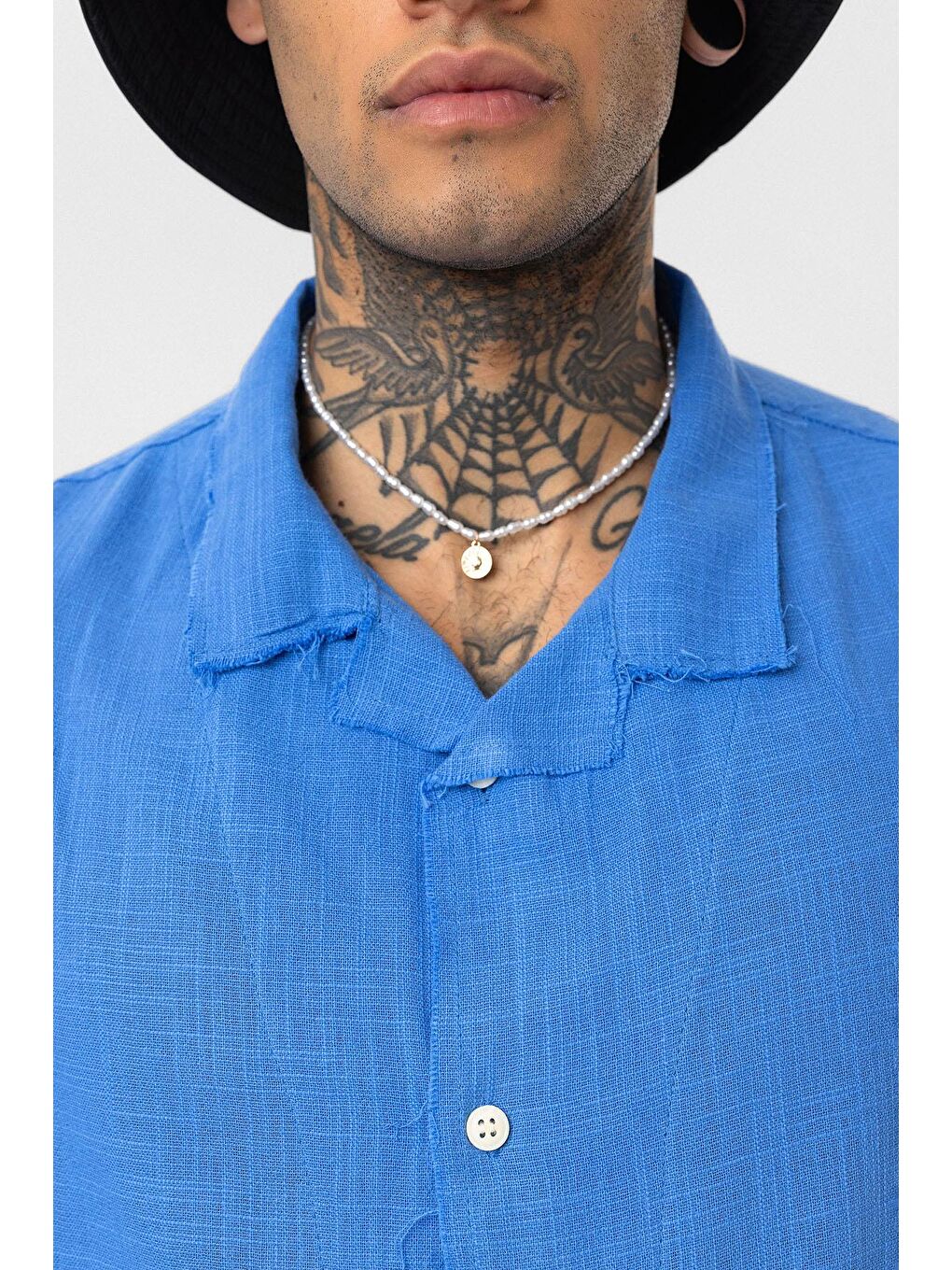 Mavi Dikişsiz Kısa Kol Cepsiz Oversize Keten Gömlek Saks-5