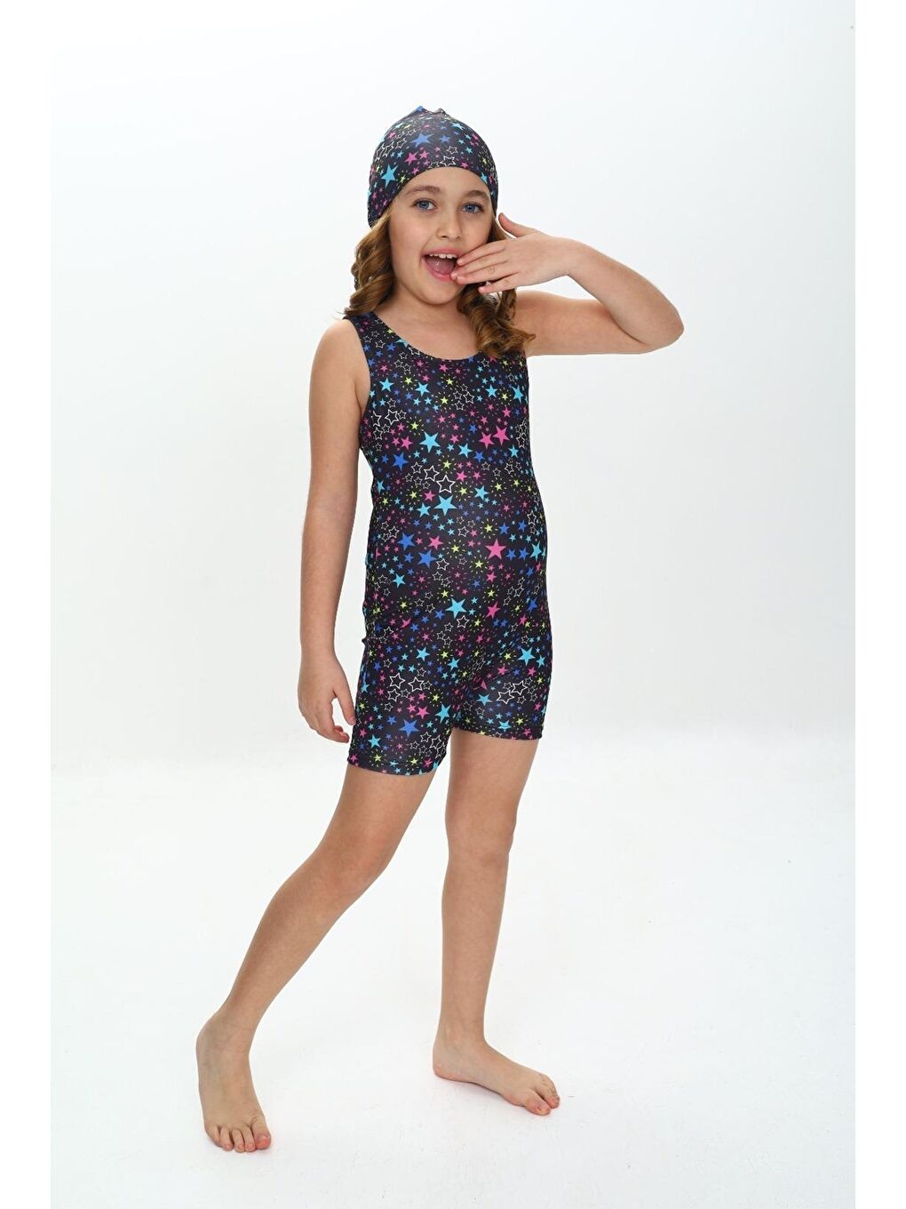 Siyah Kız Çocuk Yüzücü Şortlu ve Boneli Tulum Mayo Takımı 5-16 Yaş 12232