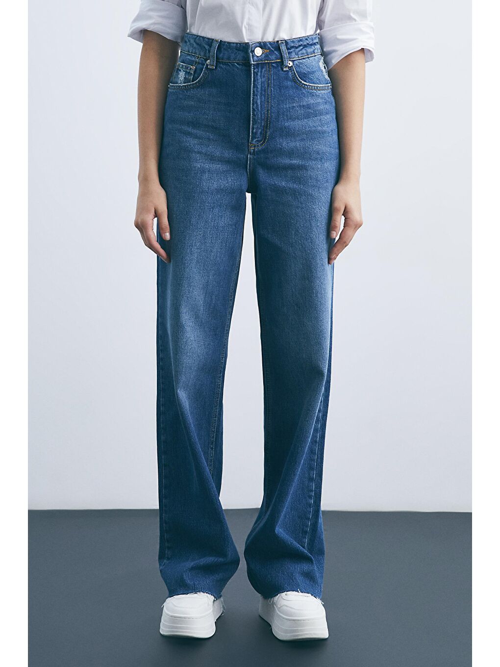 Koyu Mavi Yüksek Bel Wide Leg Denim Pantolon-3