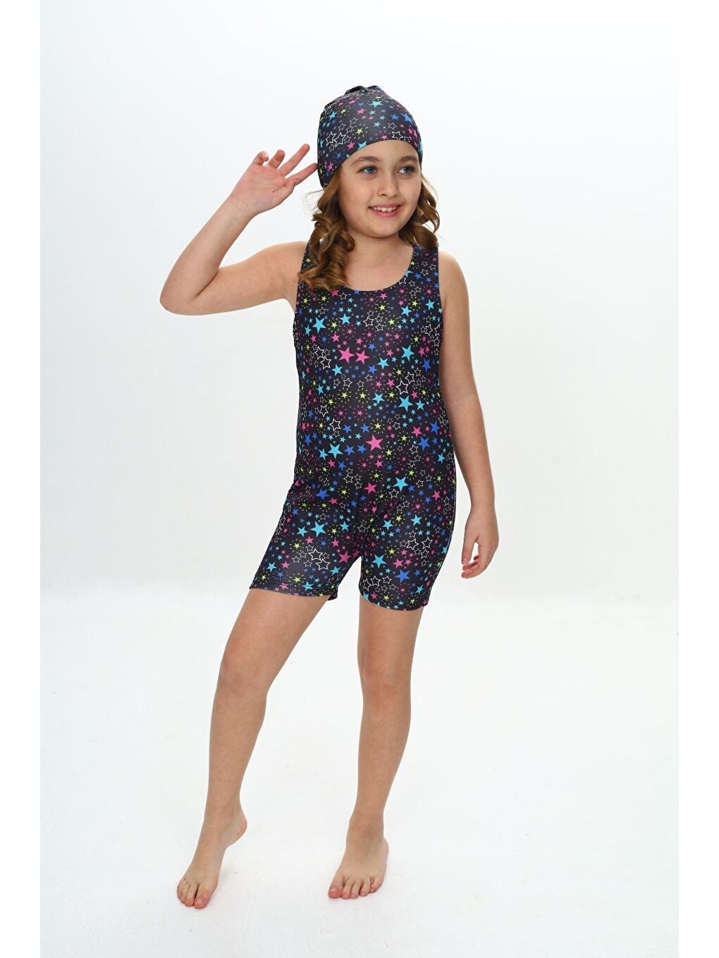 Siyah Kız Çocuk Yüzücü Şortlu ve Boneli Tulum Mayo Takımı 5-16 Yaş 12232-1