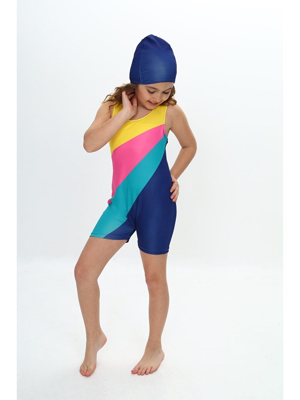Karışık Kız Çocuk Yüzücü Şortlu ve Boneli Tulum Mayo Takımı 5-16 Yaş 12232-1