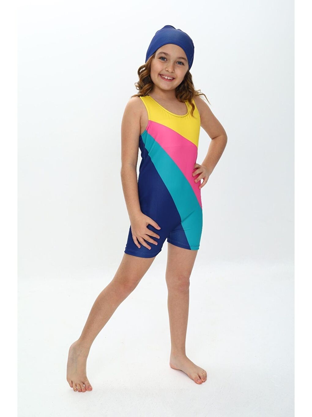 Karışık Kız Çocuk Yüzücü Şortlu ve Boneli Tulum Mayo Takımı 5-16 Yaş 12232-2