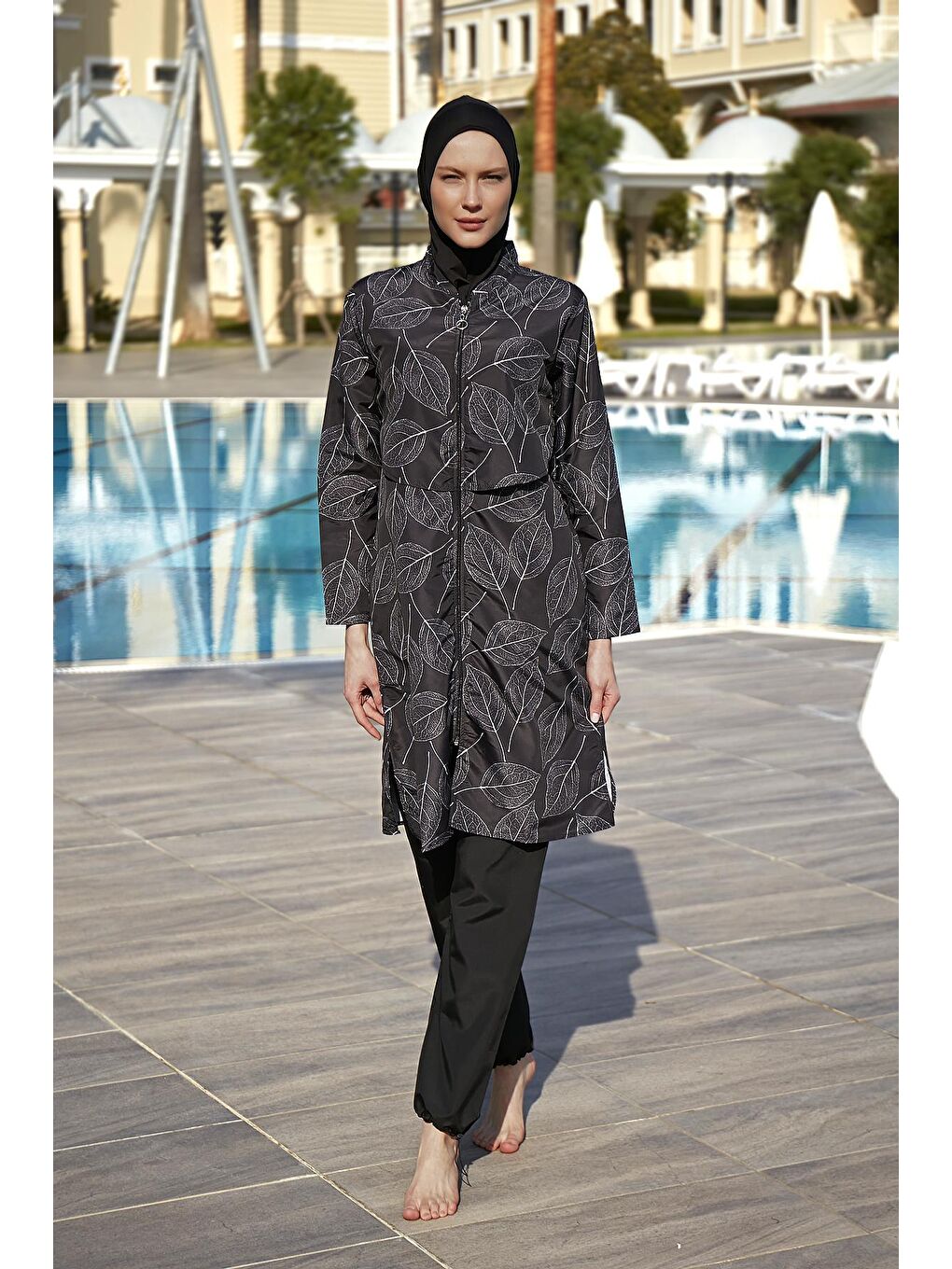 Siyah Önü Kapaklı Paraşüt Tam Kapalı Tesettür Mayo Nur-5
