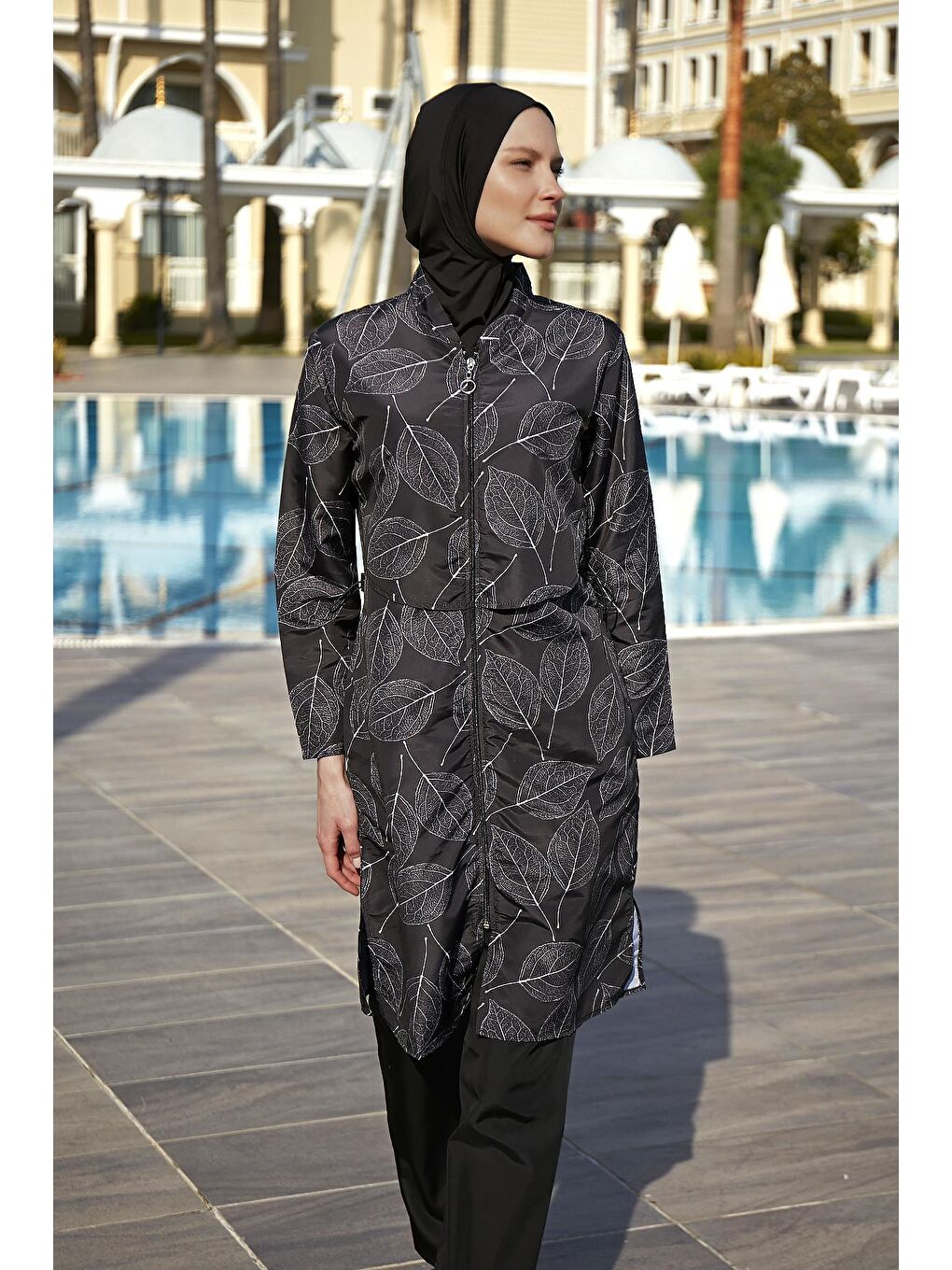 Siyah Önü Kapaklı Paraşüt Tam Kapalı Tesettür Mayo Nur-6