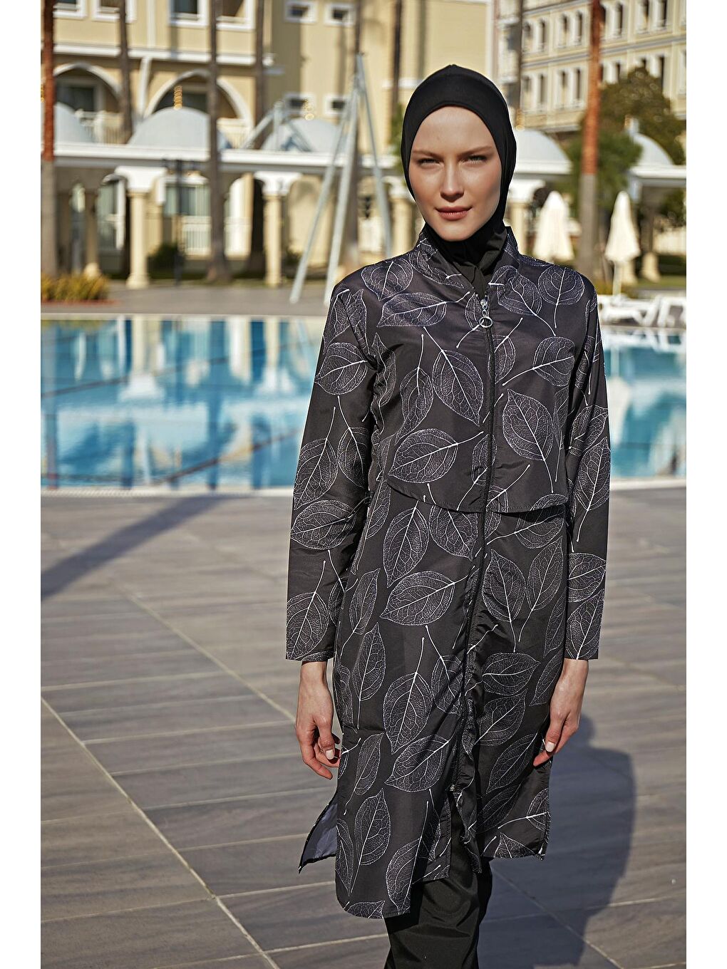 Siyah Önü Kapaklı Paraşüt Tam Kapalı Tesettür Mayo Nur-7
