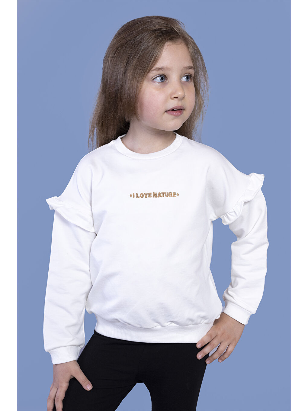 Toontoykids Ekru Kız Çocuk Kolları Fırfır Detaylı Nakışlı Sweatshirt