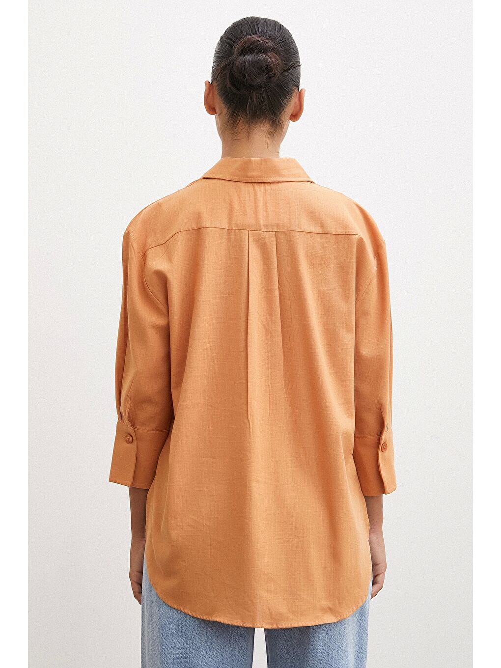 Kahverengi Geniş Manşetli Keten Gömlek Kahve-2