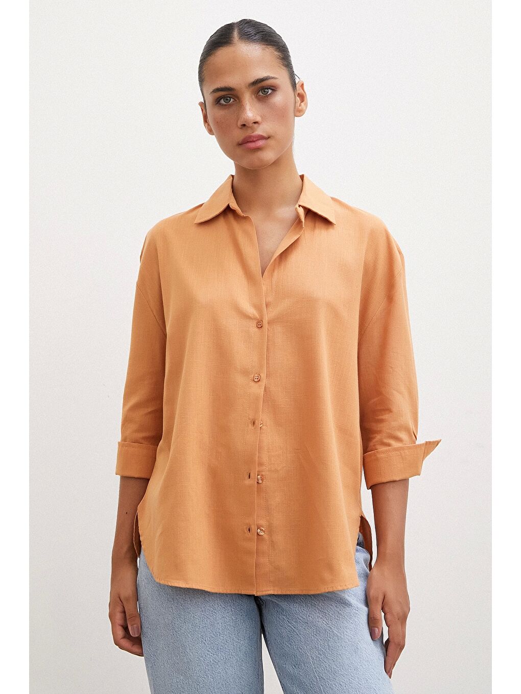 Kahverengi Geniş Manşetli Keten Gömlek Kahve-5