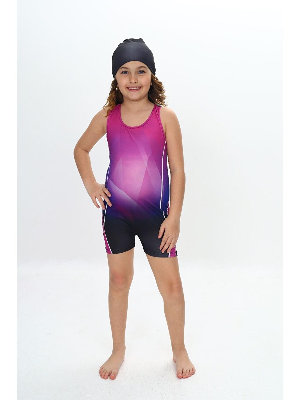 Lila Kız Çocuk Yüzücü Şortlu ve Boneli Tulum Mayo Takımı 5-16 Yaş 12232