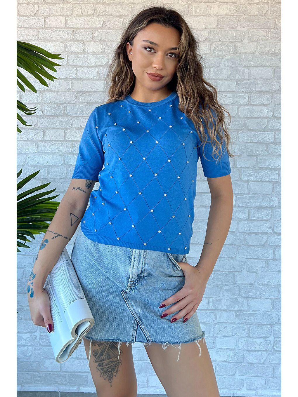 Mavi Kendinden Desenli Taşlı Kadın Bluz-1