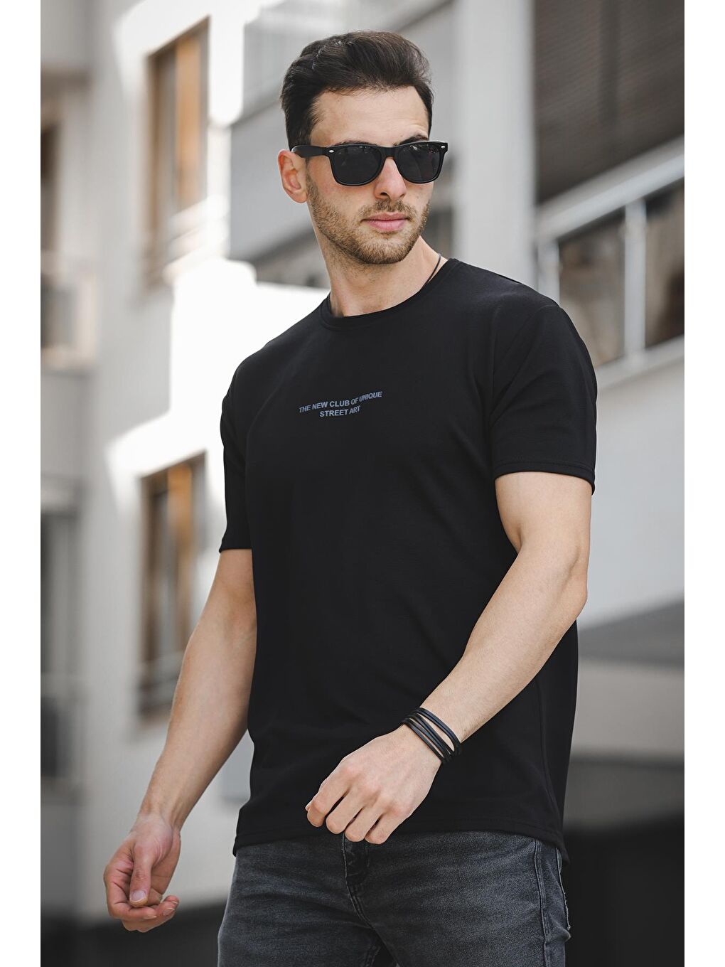 Siyah Ft New Club Baskılı Otoban Bisiklet Yaka Elastanlı Slim Fit Erkek Tişört