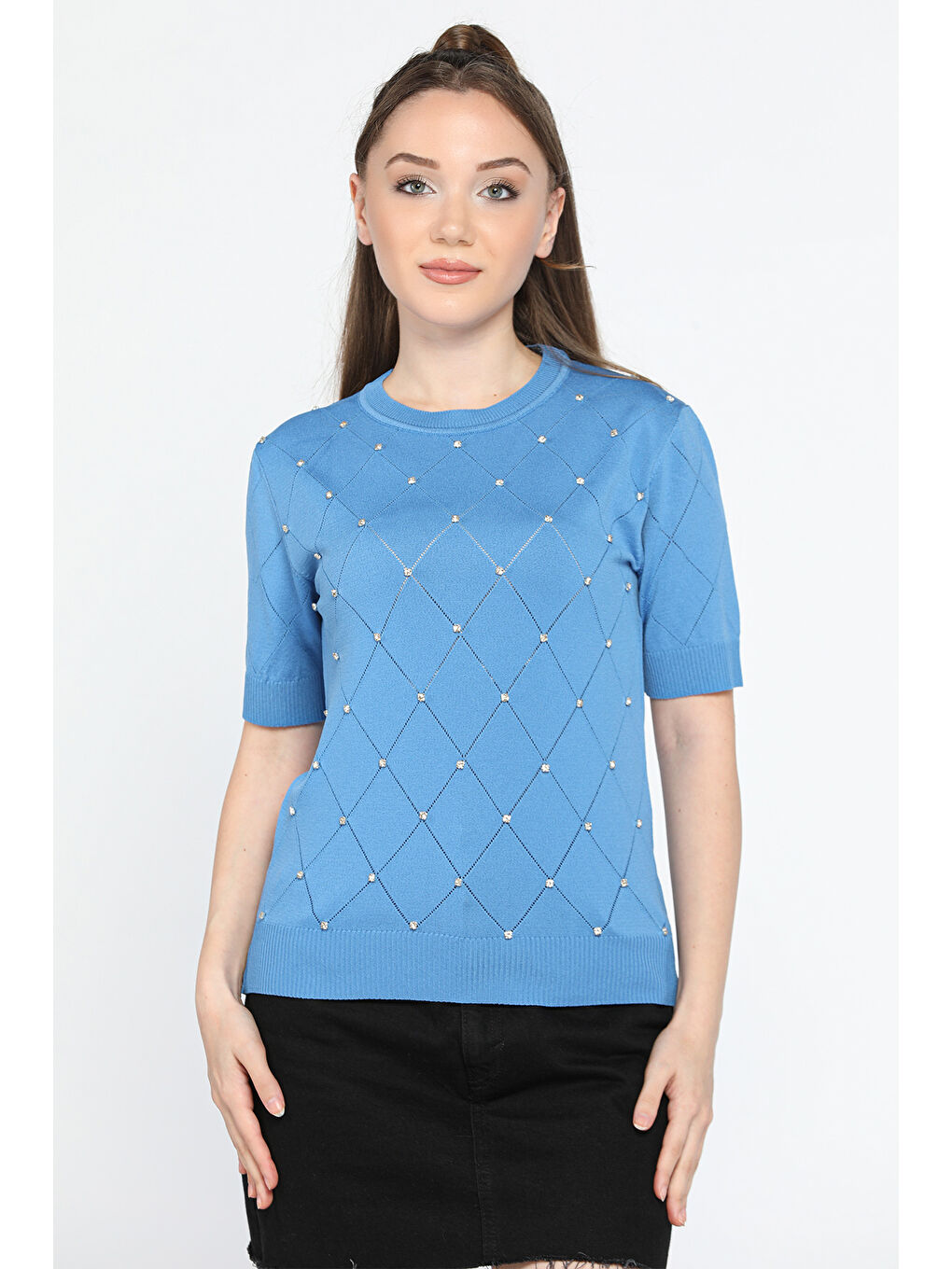 Mavi Kendinden Desenli Taşlı Kadın Bluz-2