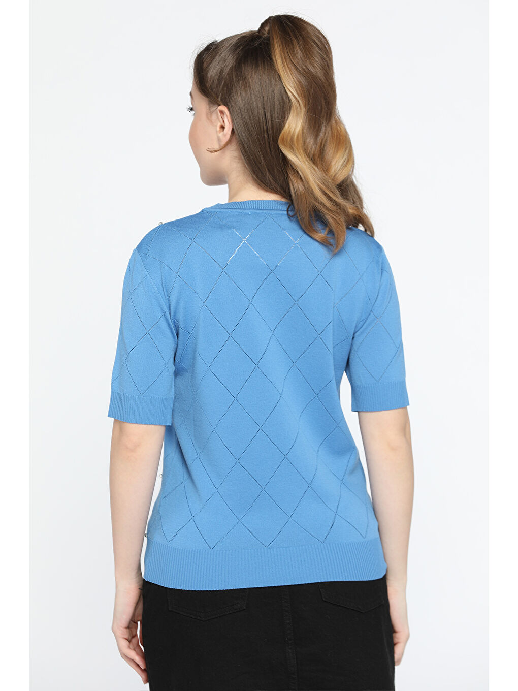 Mavi Kendinden Desenli Taşlı Kadın Bluz-4