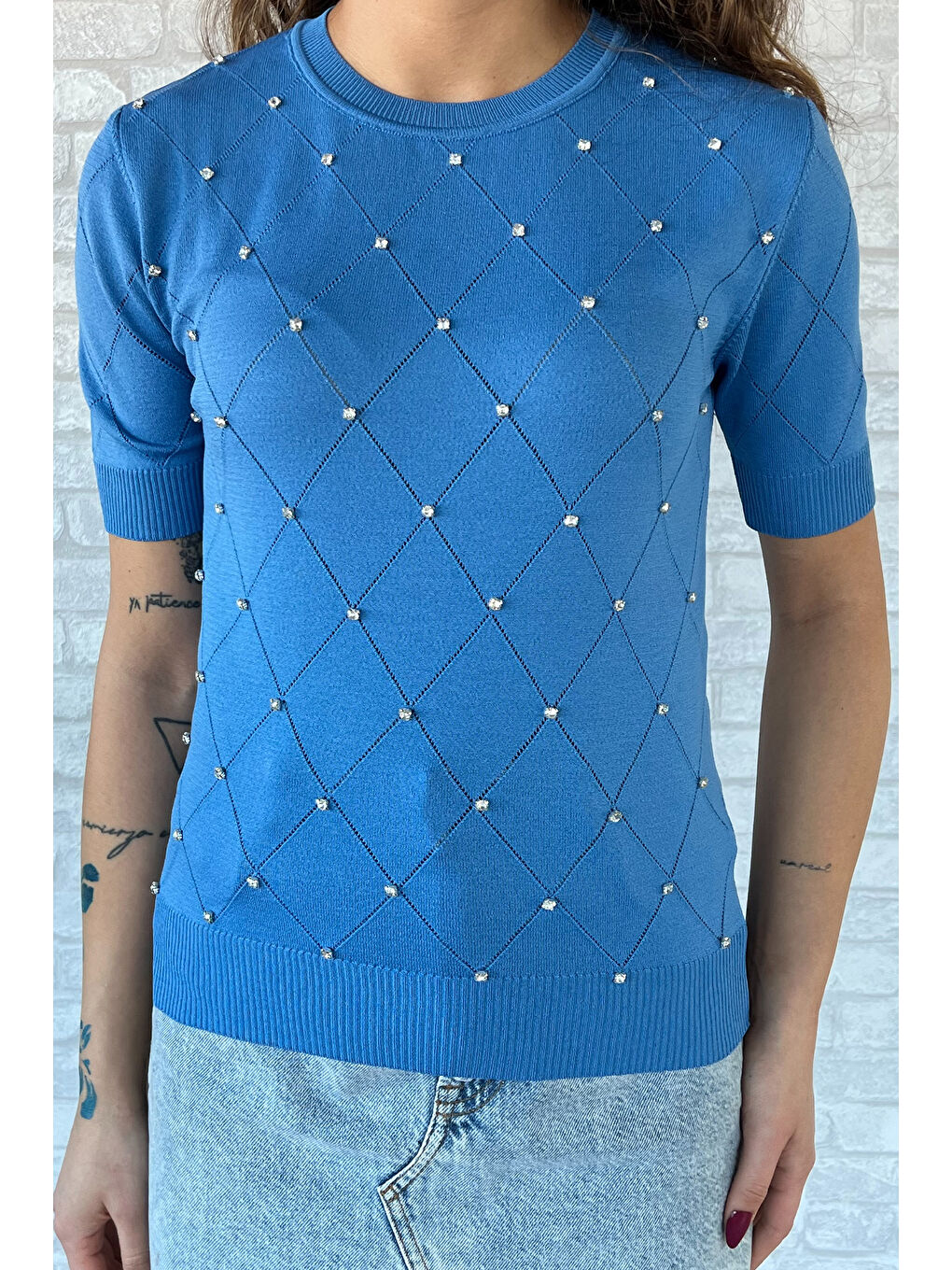 Mavi Kendinden Desenli Taşlı Kadın Bluz-5