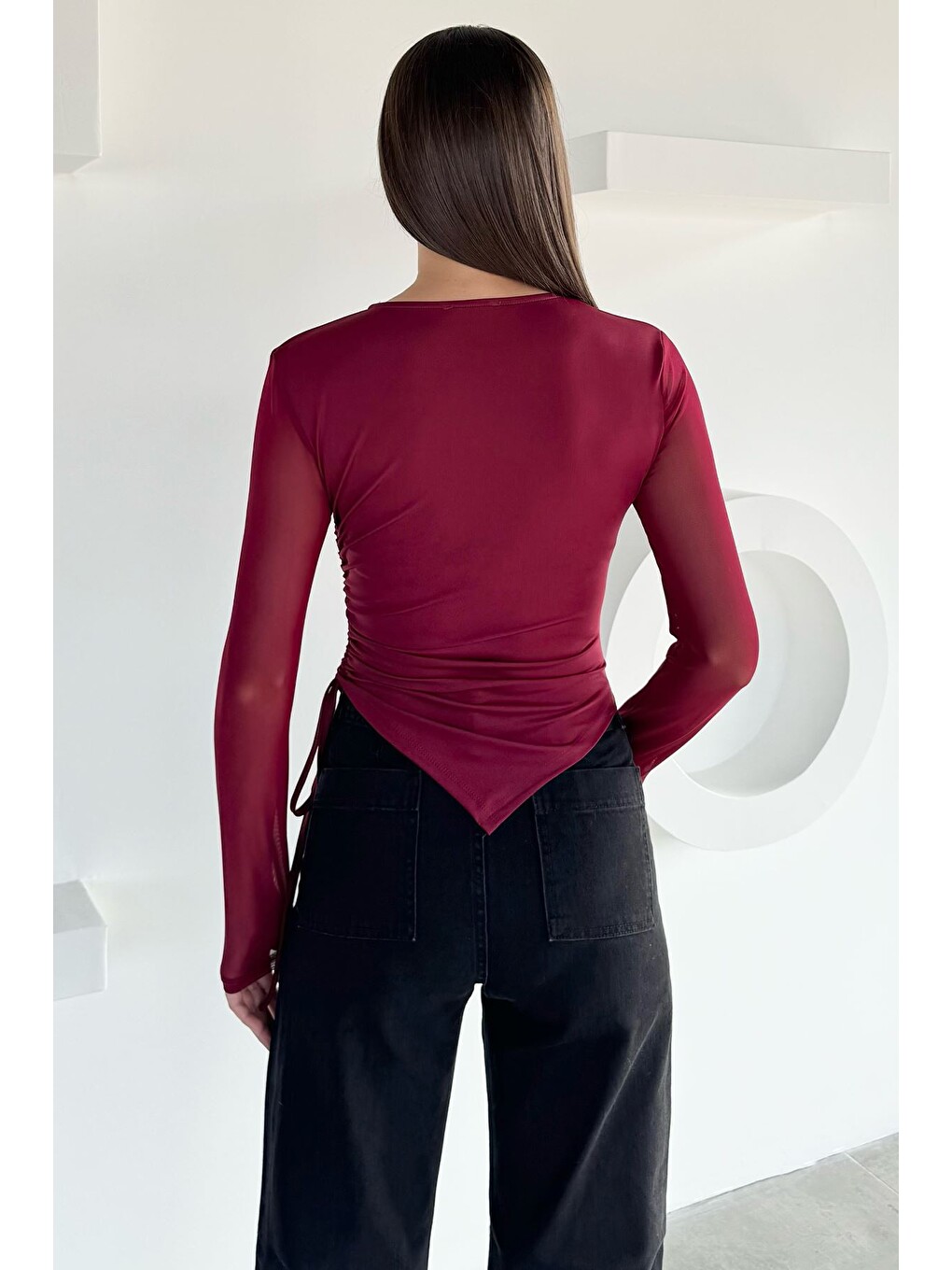 Bordo Kadın Yan Büzgü Detaylı Kollar Tüllü Elastanlı Bluz-3