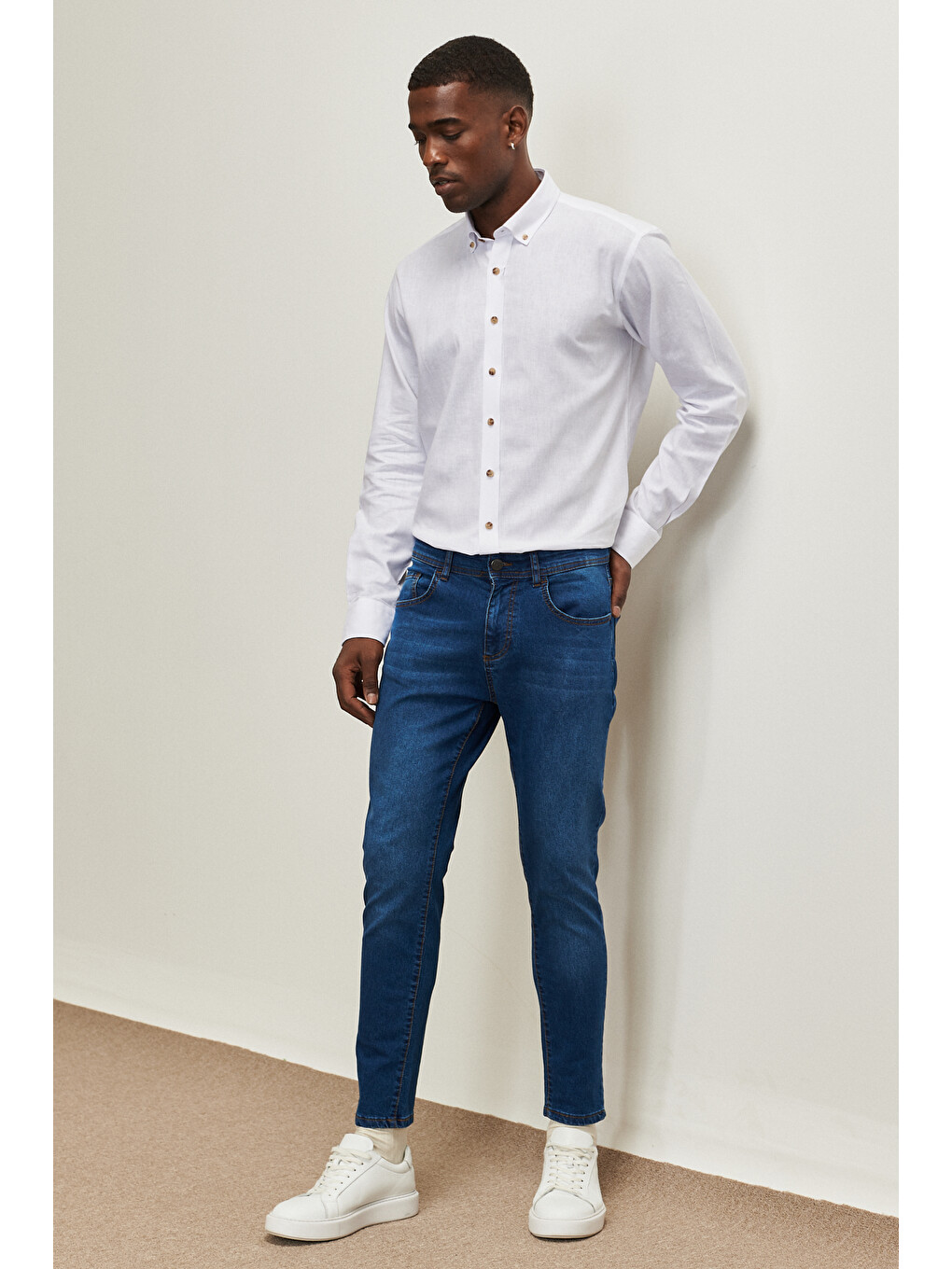 Erkek Koyu Mavi Trend Slim Fit Dar Kesim Pamuklu Esnek Denim Jean Pantolon