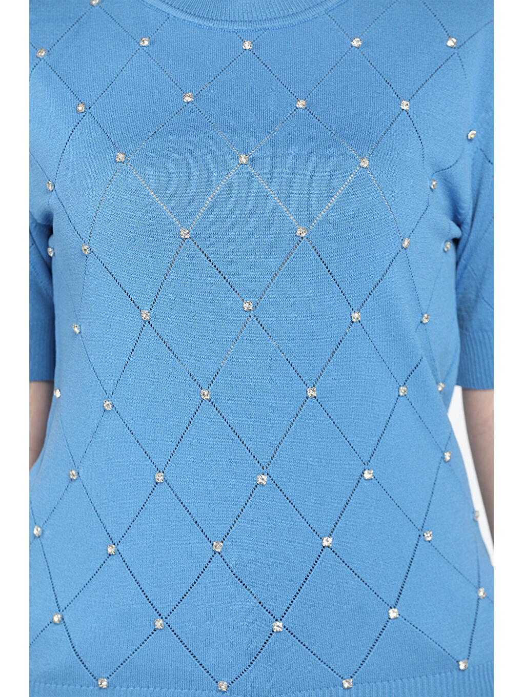 Mavi Kendinden Desenli Taşlı Kadın Bluz-6