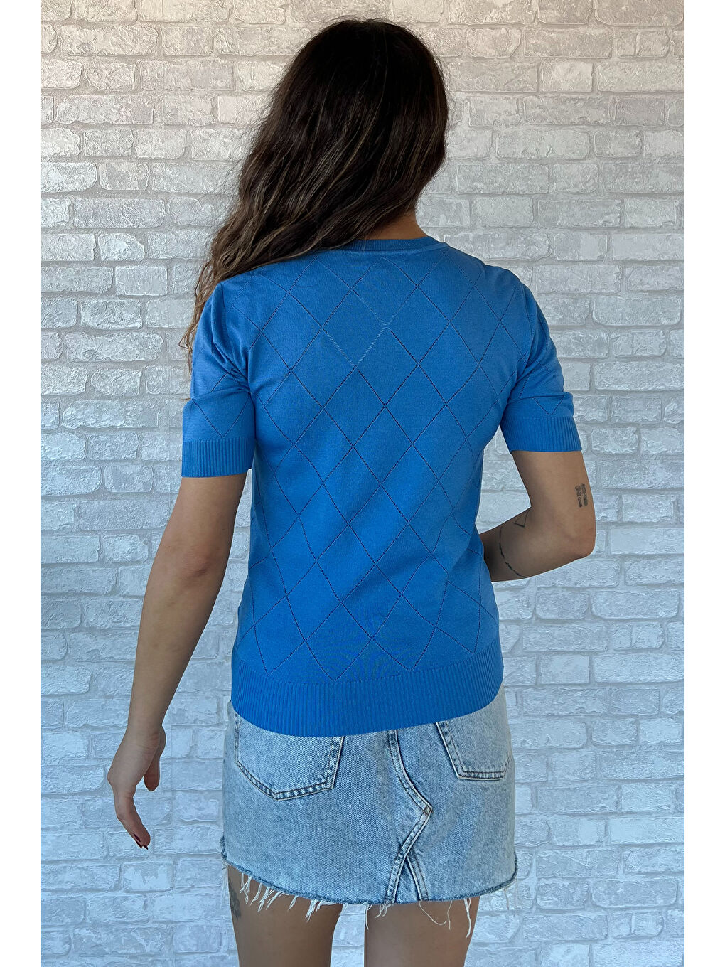 Mavi Kendinden Desenli Taşlı Kadın Bluz-7