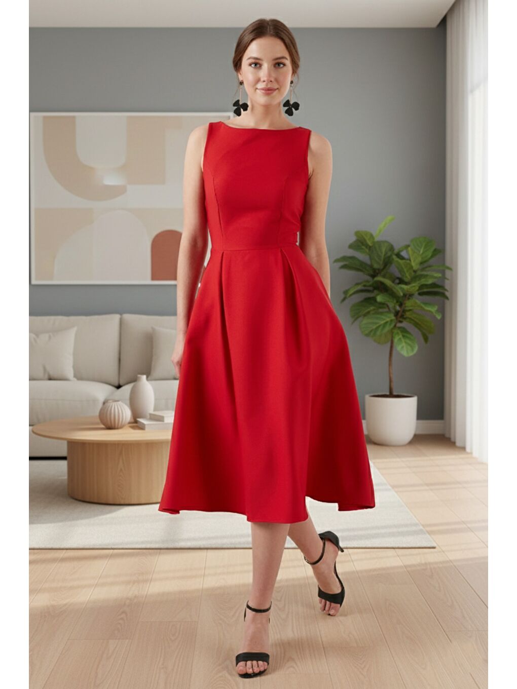 Kırmızı Regular Fit Bisiklet Yaka Cepli Pileli Midi Boy Kadın Elbise 6111963