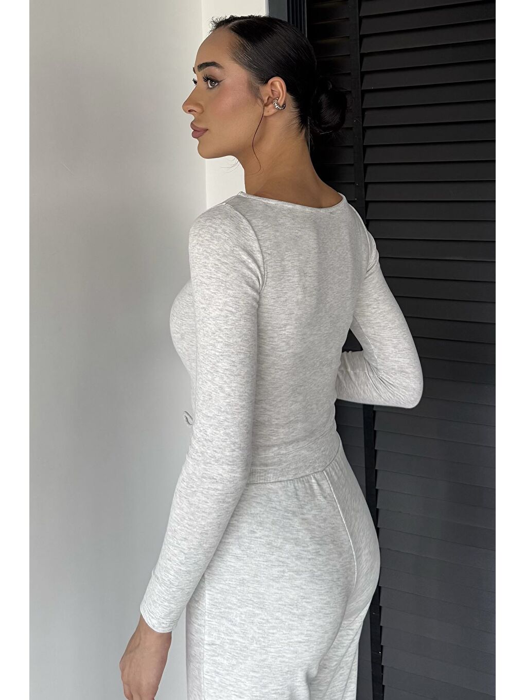 Gri Kadın Elastanlı Slim Fit Basic Body Bluz-3