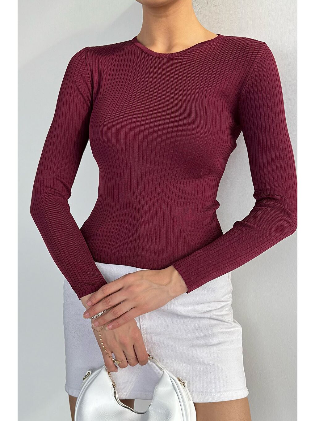 Bordo Kadın Bisiklet Yaka Fitilli Triko Kazak