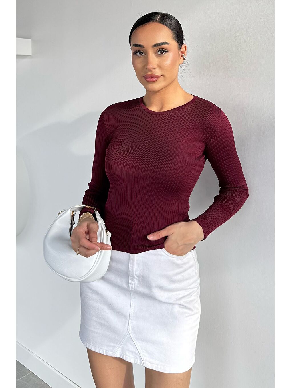 Bordo Kadın Bisiklet Yaka Fitilli Triko Kazak-1