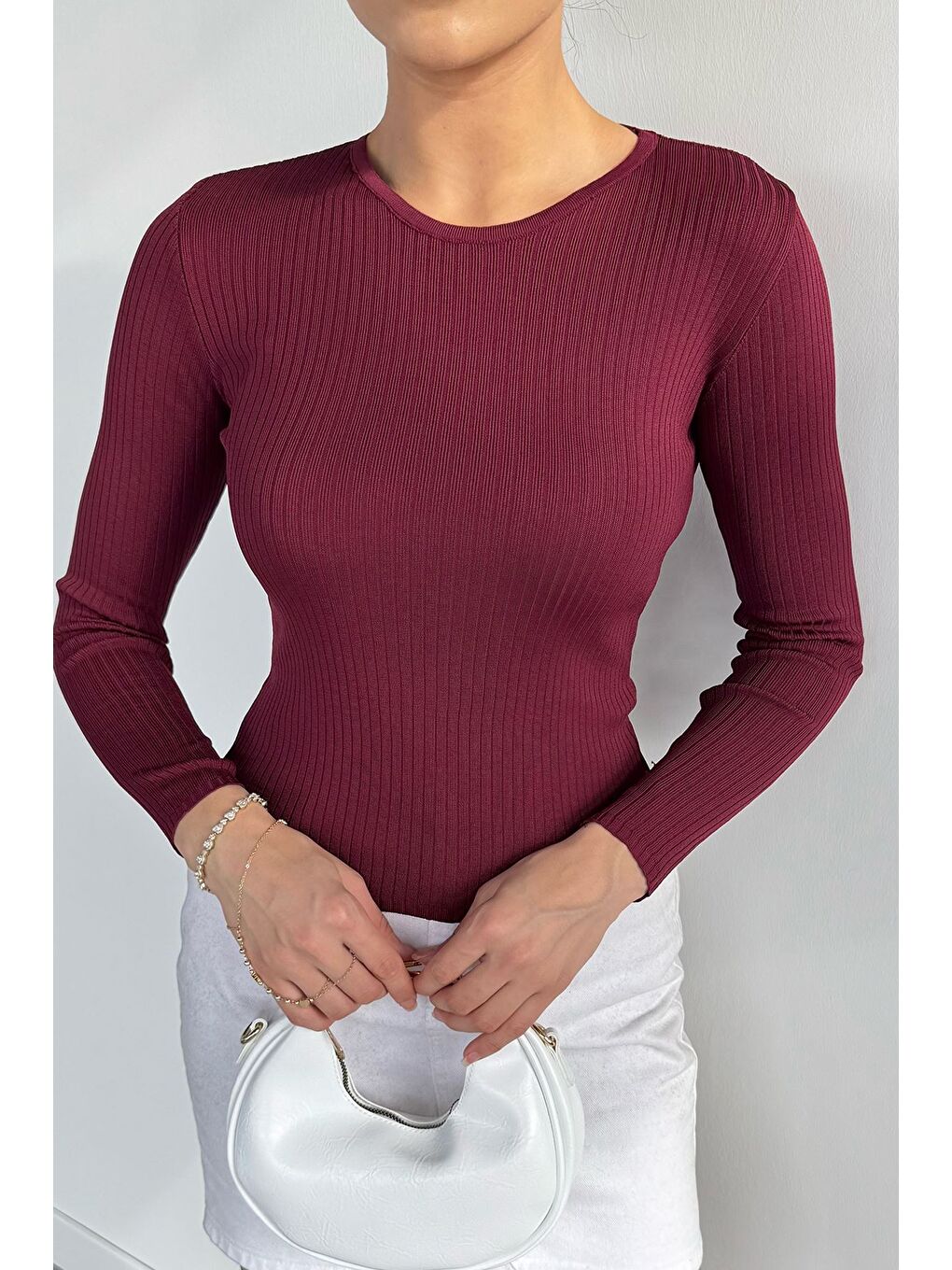 Bordo Kadın Bisiklet Yaka Fitilli Triko Kazak-2