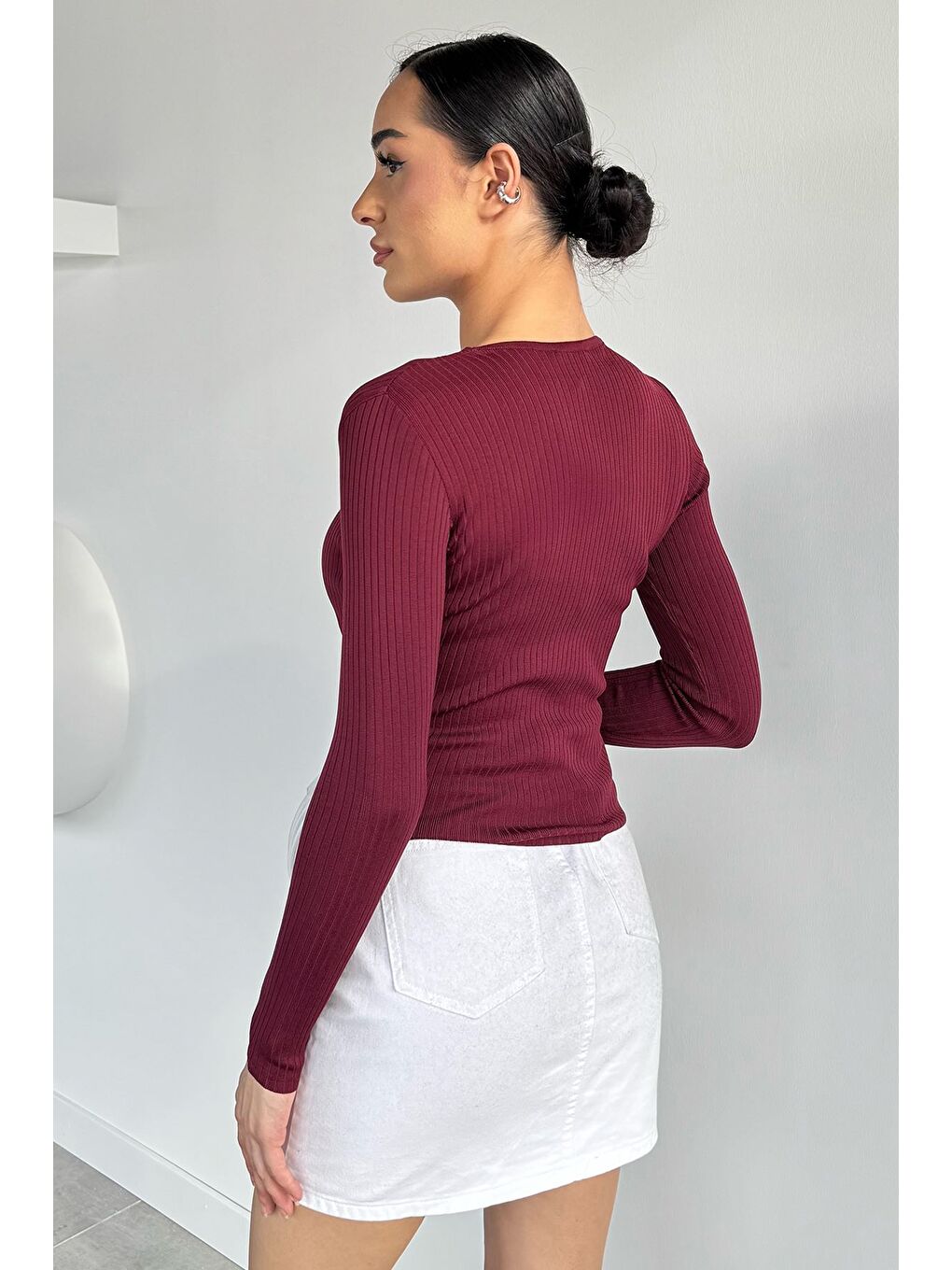 Bordo Kadın Bisiklet Yaka Fitilli Triko Kazak-3