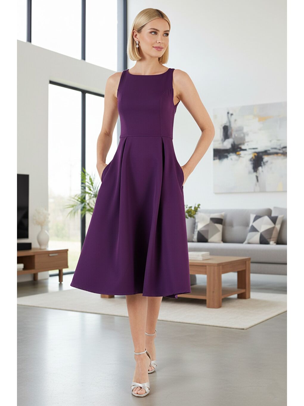 Mor Regular Fit Bisiklet Yaka Cepli Pileli Midi Boy Kadın Elbise 6111963