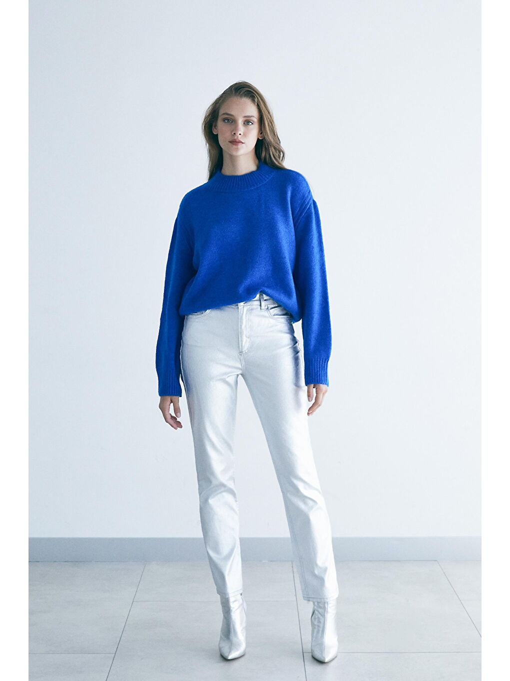 Gri Gümüş Varak Sıvamalı Yüksek Bel Denim Pantolon