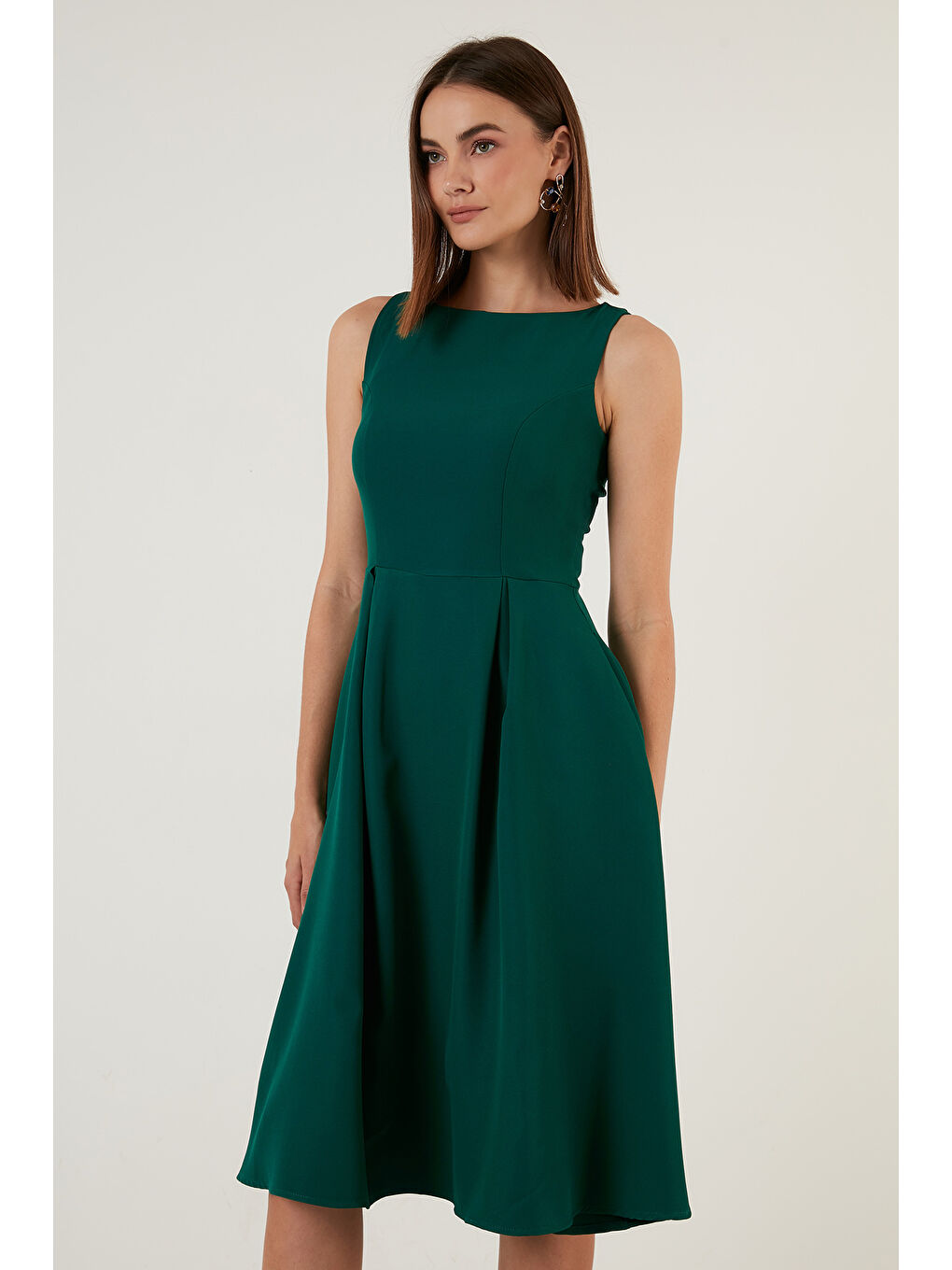 Yeşil Regular Fit Bisiklet Yaka Cepli Pileli Midi Boy Kadın Elbise 6111963-3