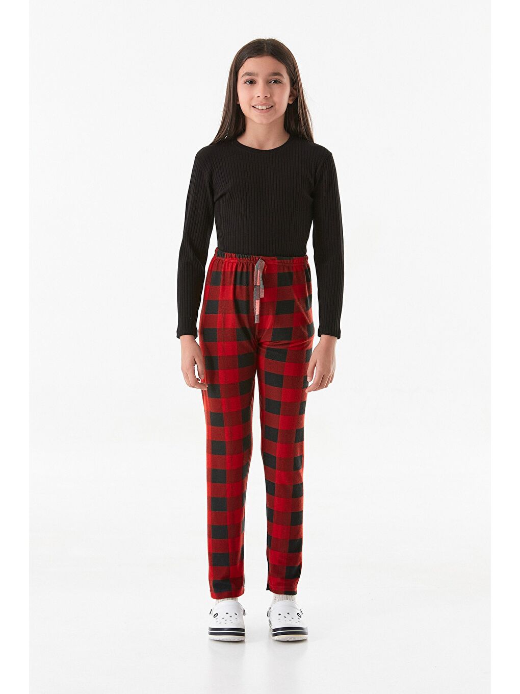 Kırmızı Ekose Desenli Süet Kız Çocuk Pijama Altı