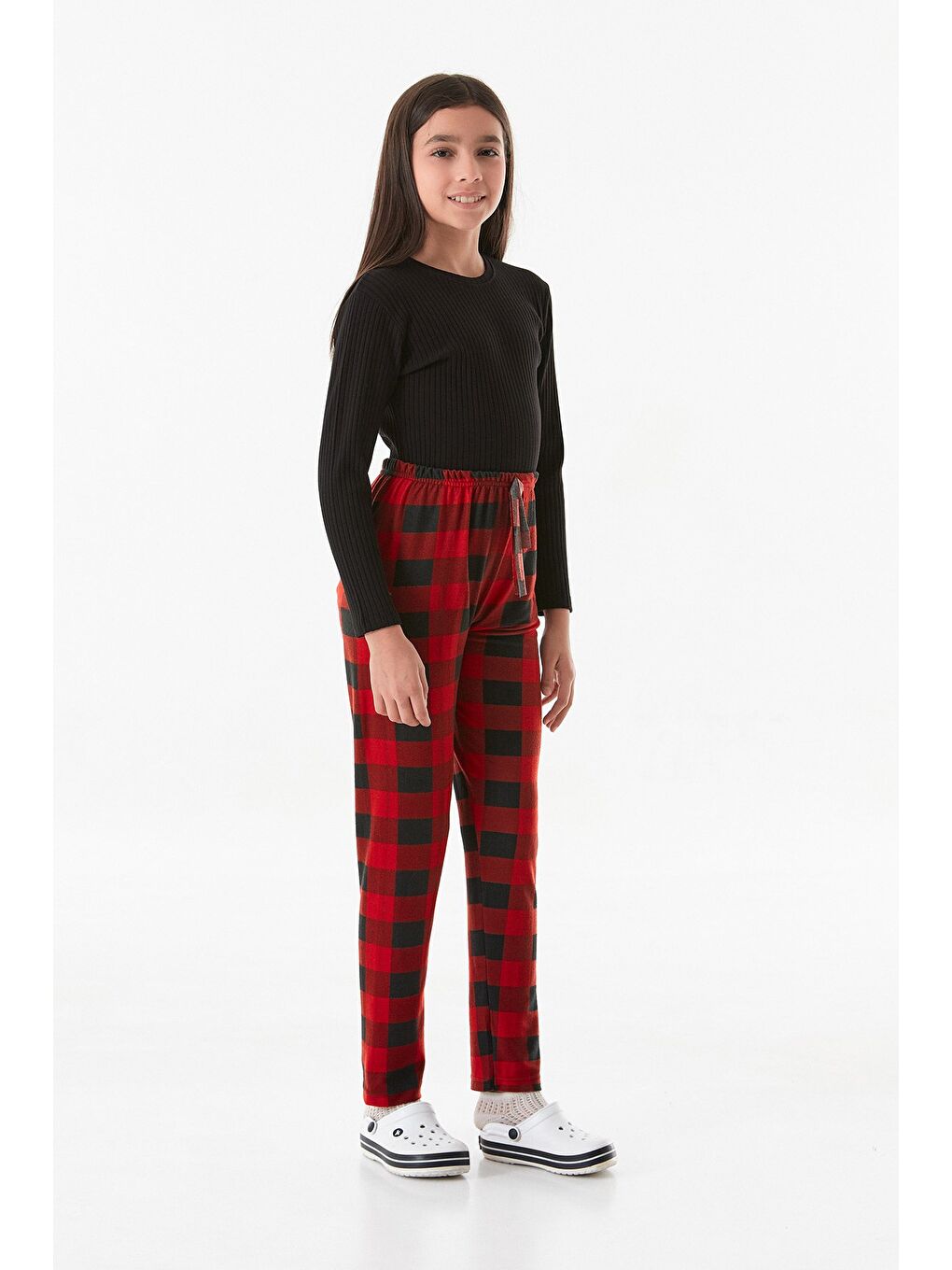 Kırmızı Ekose Desenli Süet Kız Çocuk Pijama Altı-1