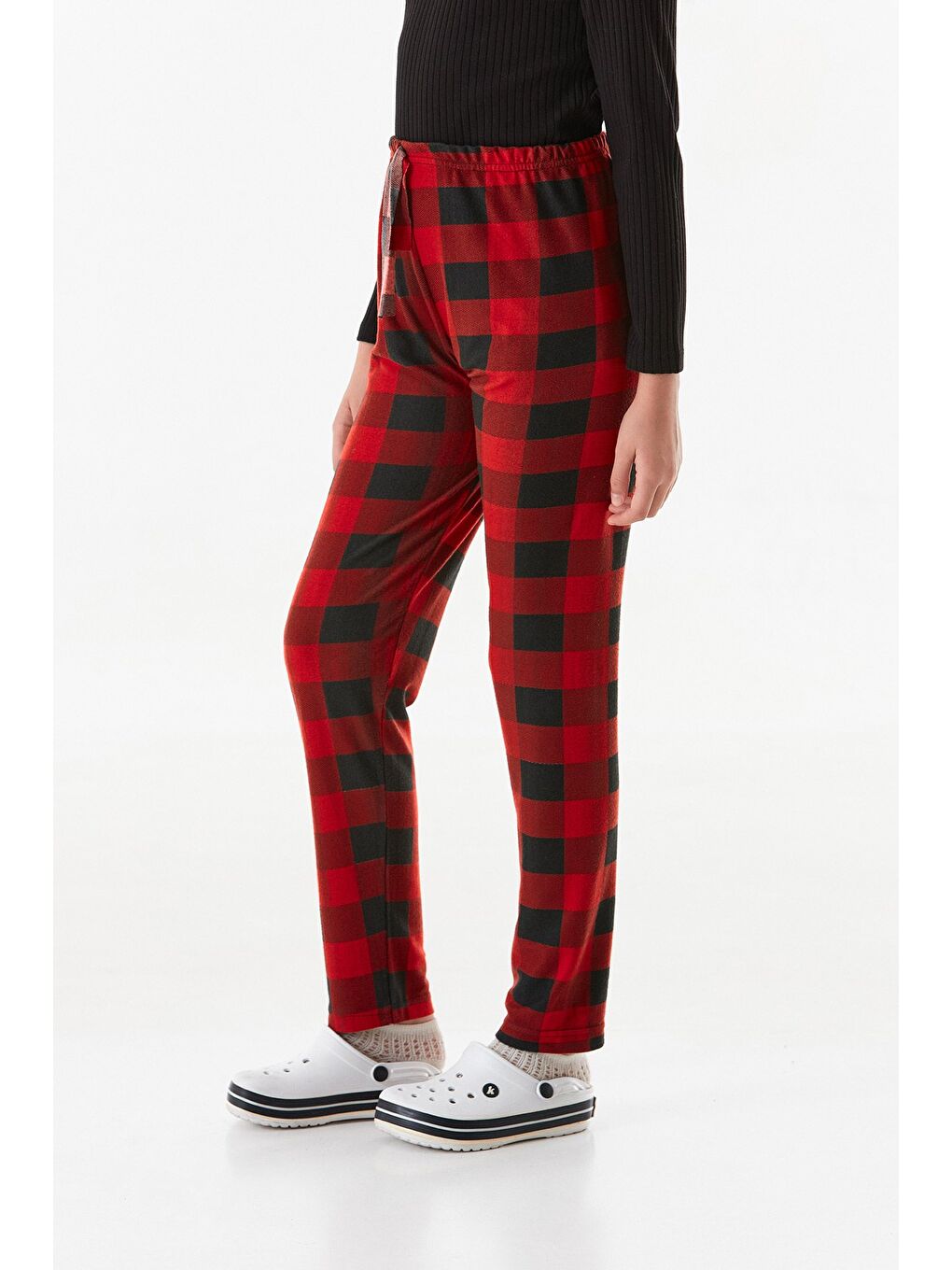 Kırmızı Ekose Desenli Süet Kız Çocuk Pijama Altı-2