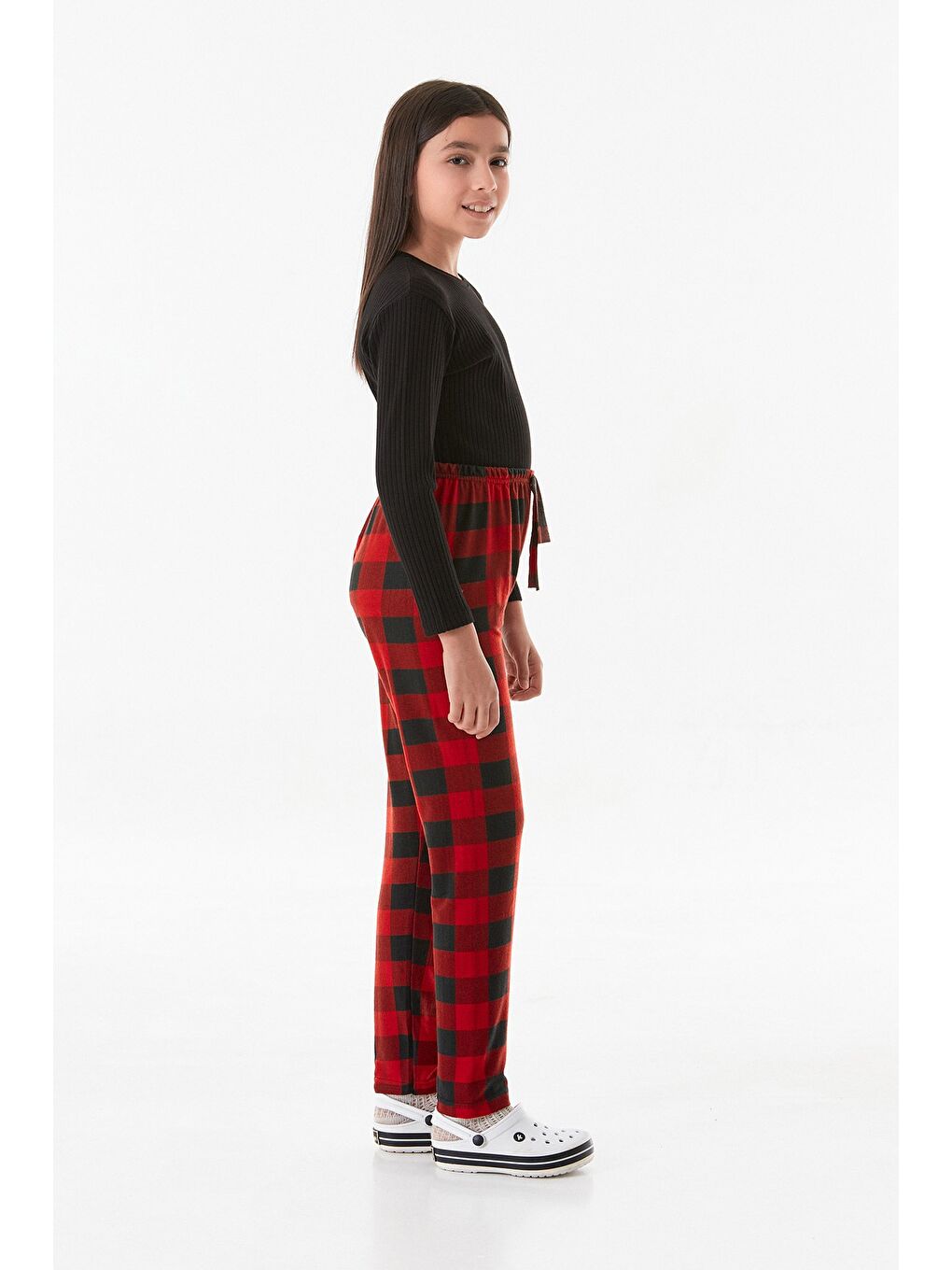 Kırmızı Ekose Desenli Süet Kız Çocuk Pijama Altı-3