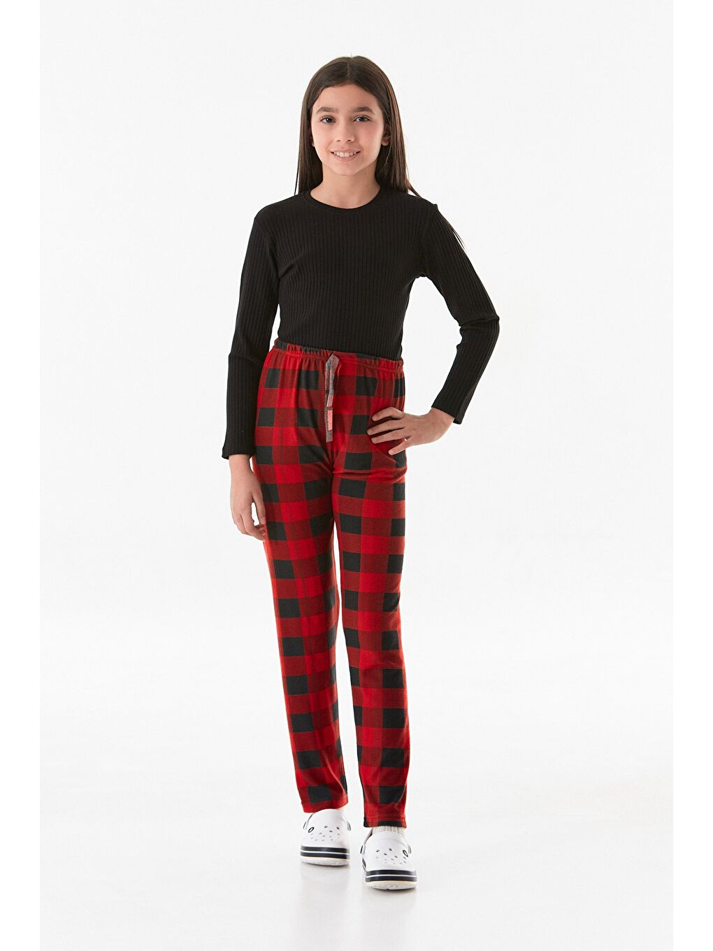 Kırmızı Ekose Desenli Süet Kız Çocuk Pijama Altı-4