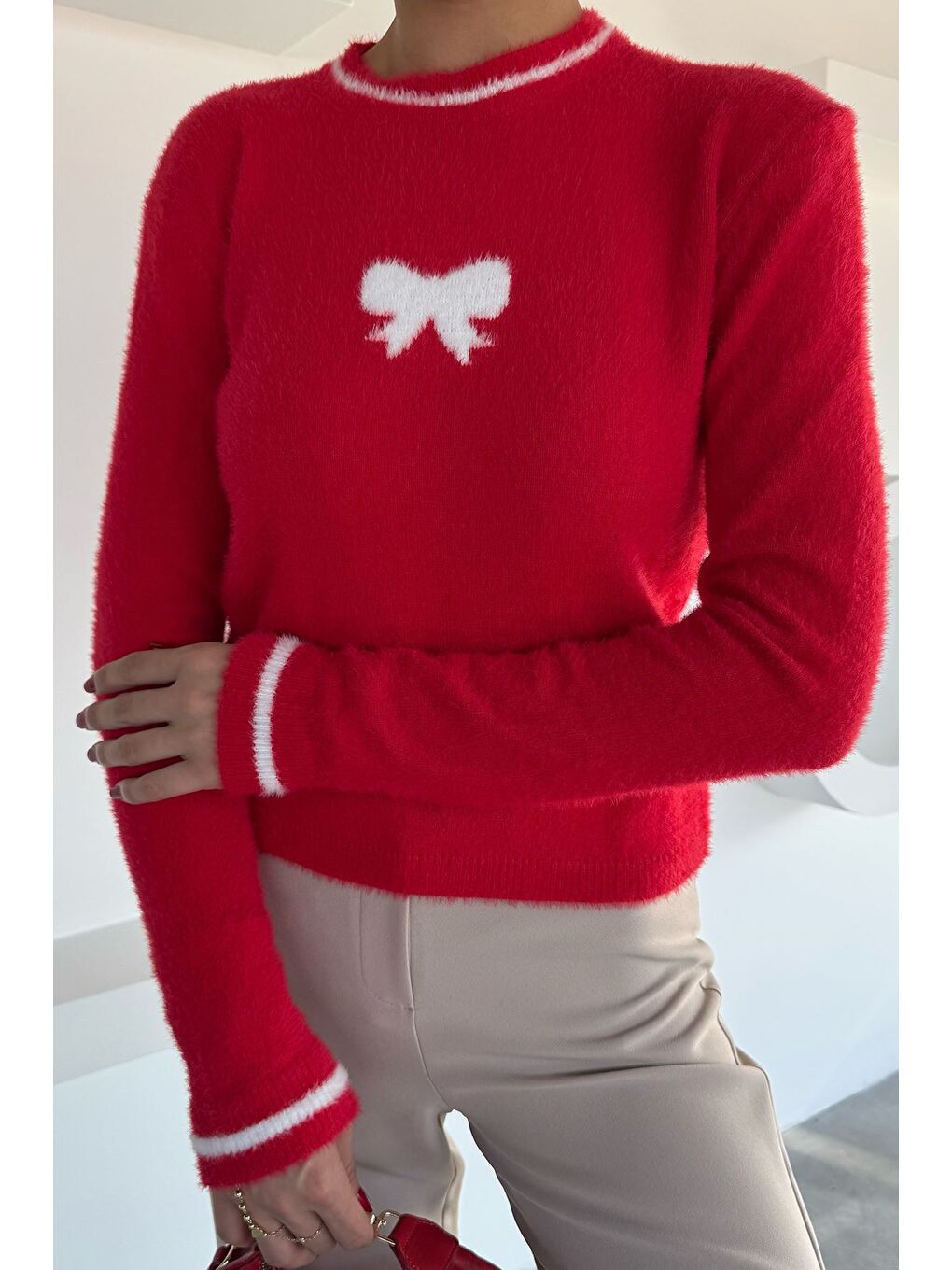 Kırmızı Kadın Bisiklet Yaka Sakallı Triko Kazak-2