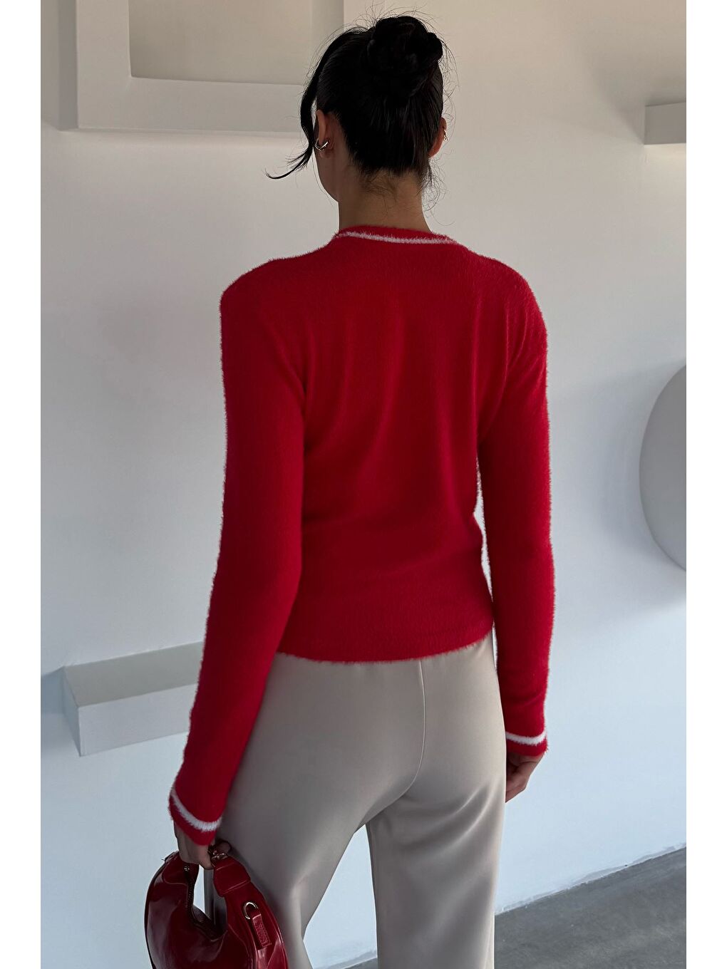 Kırmızı Kadın Bisiklet Yaka Sakallı Triko Kazak-3