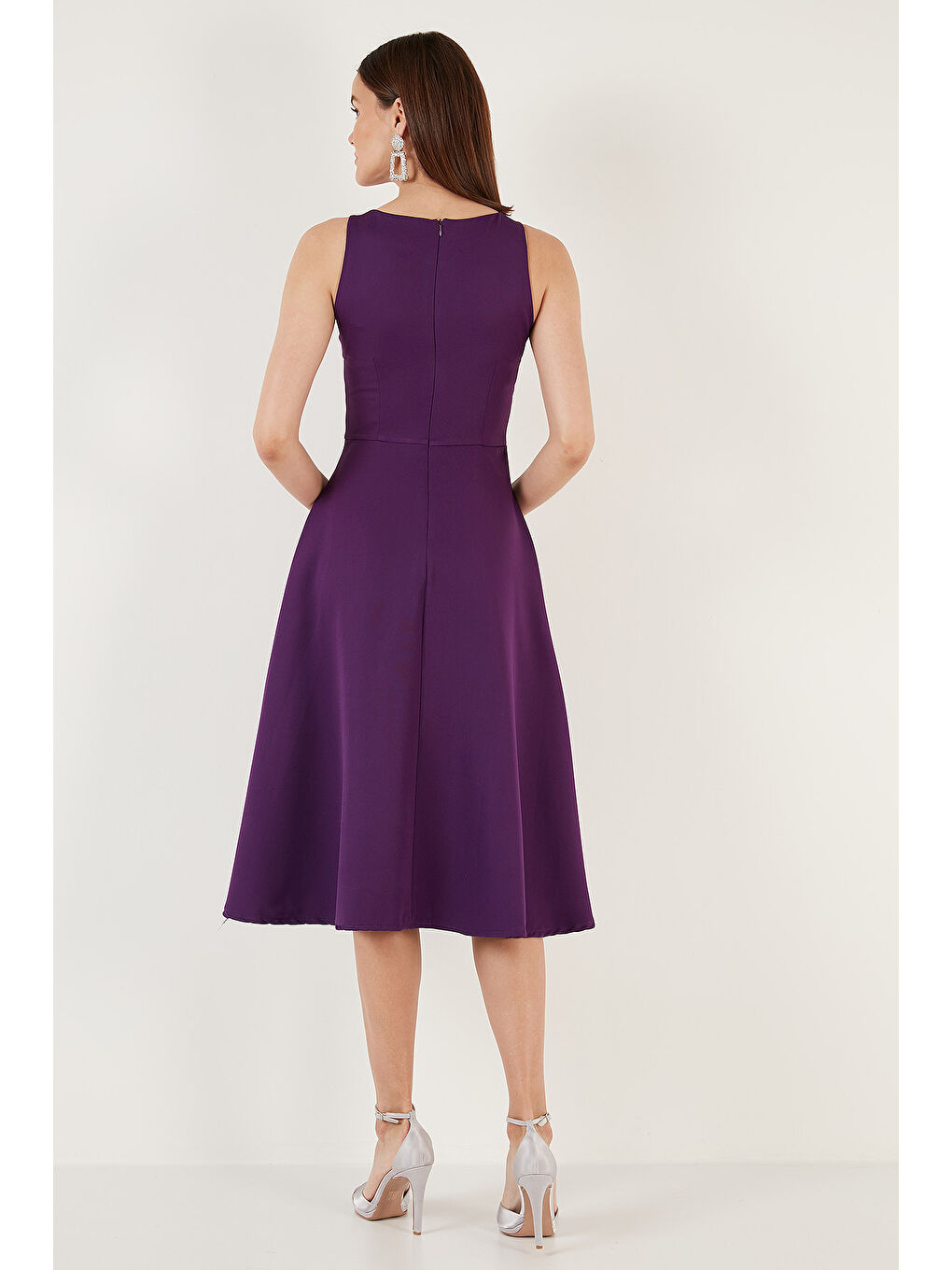 Mor Regular Fit Bisiklet Yaka Cepli Pileli Midi Boy Kadın Elbise 6111963-4